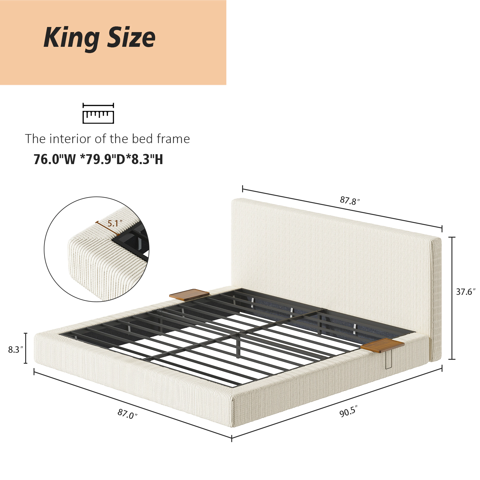 Flynama King Bed Frame with Sliding Side Table, 8.7" Cloud Upholstered Cushion, Cream White