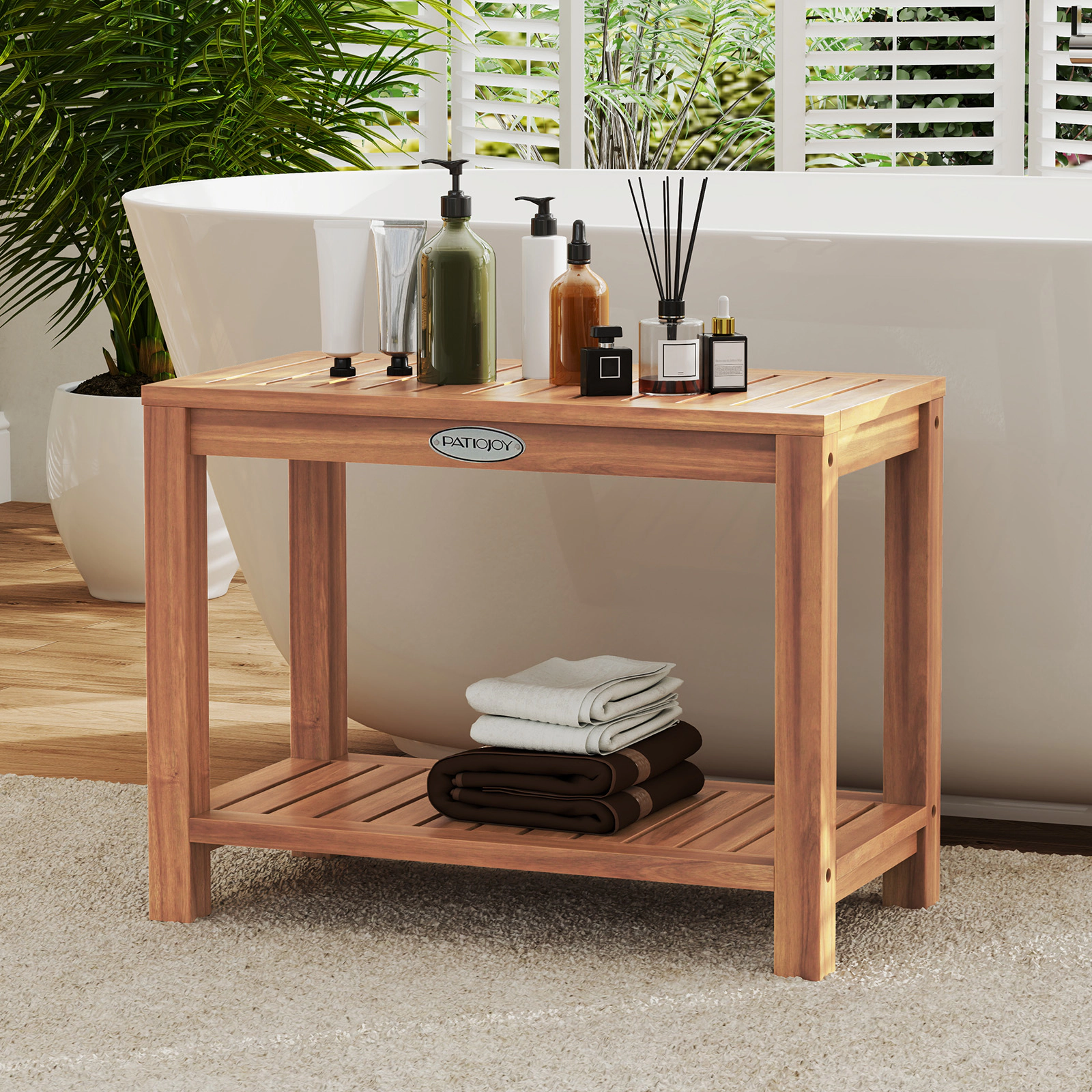 SUGIFT 24-in 330-lb Capacity 2-Tier Natural Teak Wood Shower Bench Stool with Slatted Seat and Storage Shelf