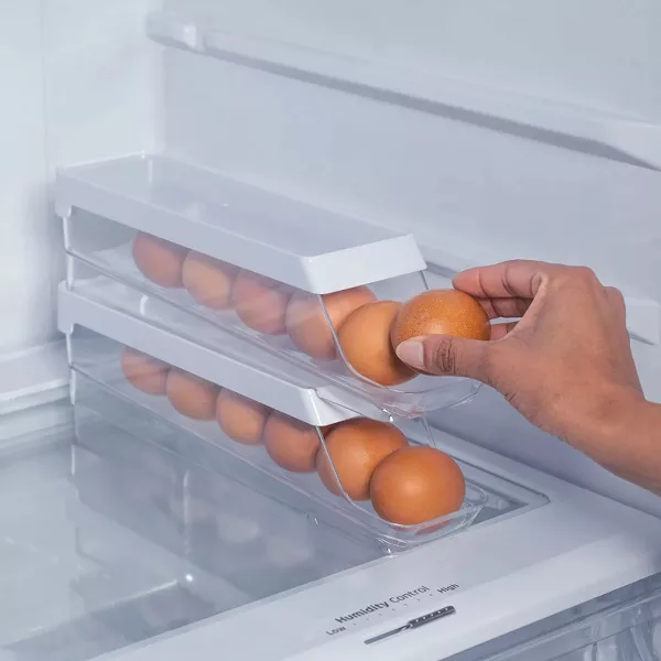 OU Egg Holder for Fridge, Rolling Egg Organizer, Clear Stackable Refrigerator Storage Container, BPA Free, 2 Piece Set