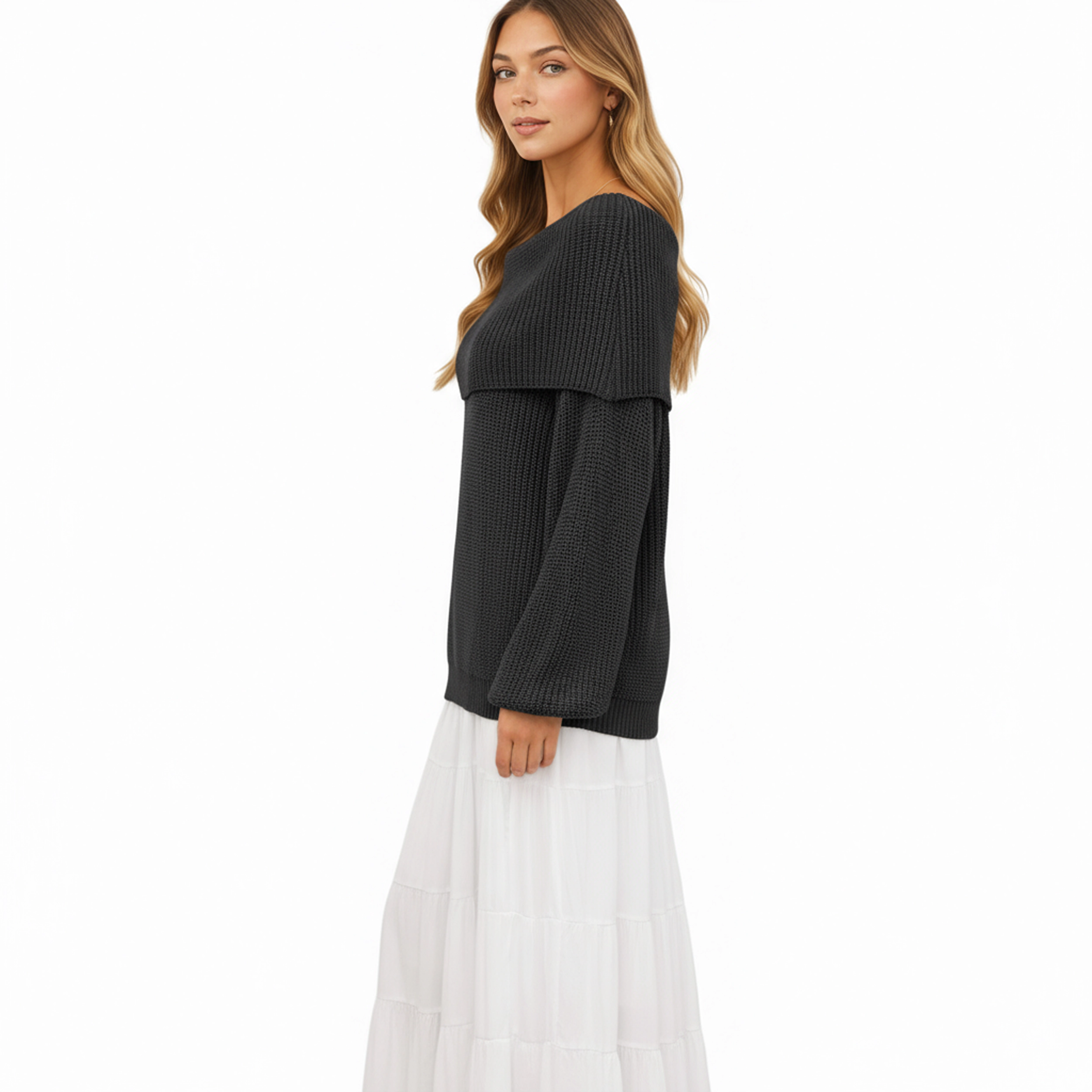 Anna-Kaci Women's Off Shoulder Long Sleeve Knit Pullover Sweater with Relaxed Fit