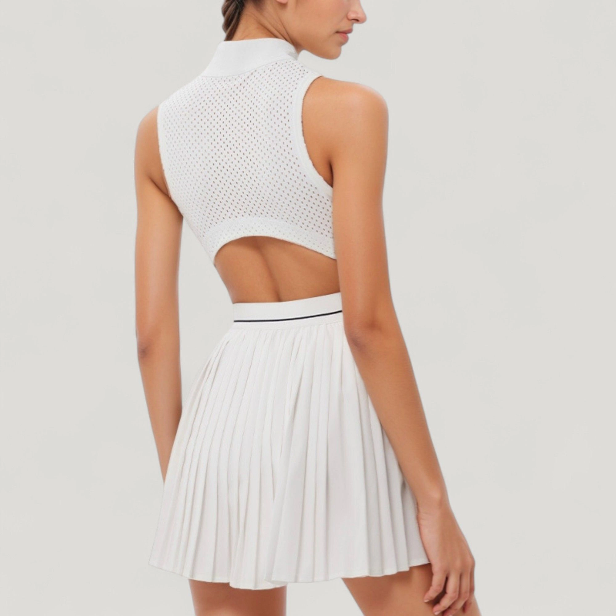 Anna-Kaci Women's Sleeveless Zip-Front High Neck Tennis Dress with Pleated Skirt and Contrast Waist Trim