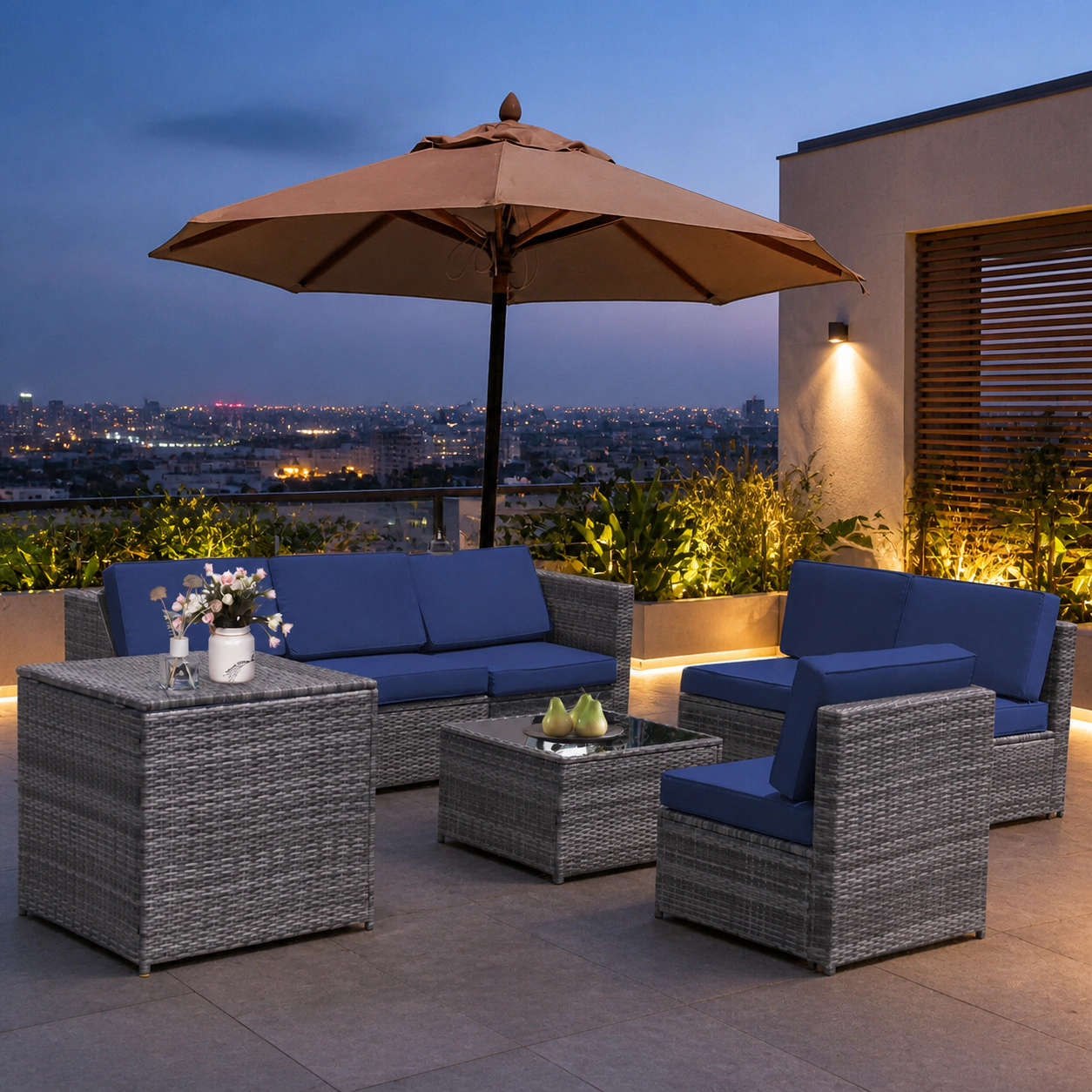 SUGIFT 8-Piece Navy Wicker Patio Sectional Set with Storage Box and Glass Coffee Table
