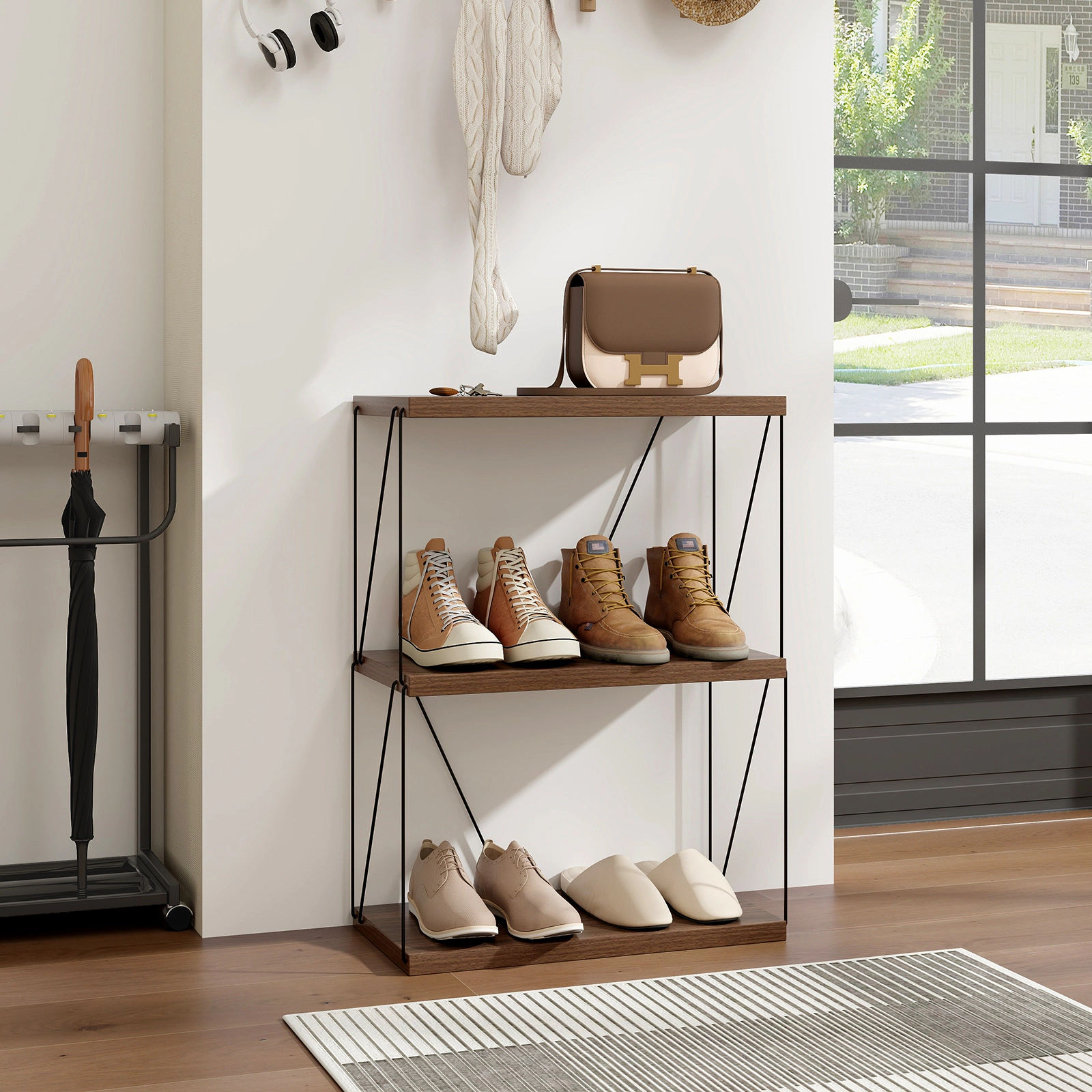 SUGIFT Walnut 3-Tier Multipurpose Display Rack 58 in with Metal Frame