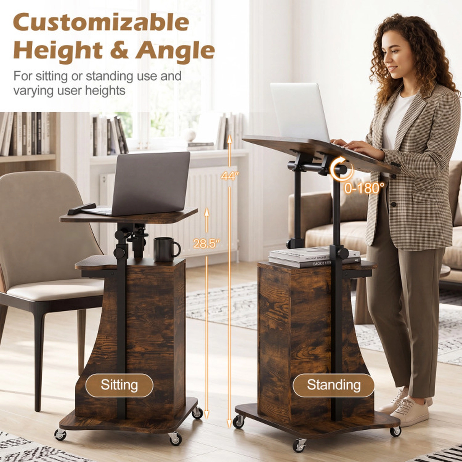 SUGIFT Tilting Top Storage Rolling Podium Standing Desk 20-in x 16-in 28.5-in to 44-in 200-lb Capacity Rustic Brown