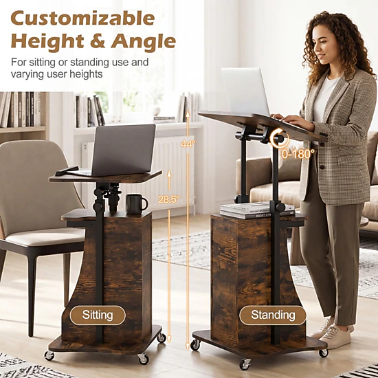 SUGIFT Tilting Top Storage Rolling Podium Standing Desk 20-in x 16-in 28.5-in to 44-in 200-lb Capacity Rustic Brown