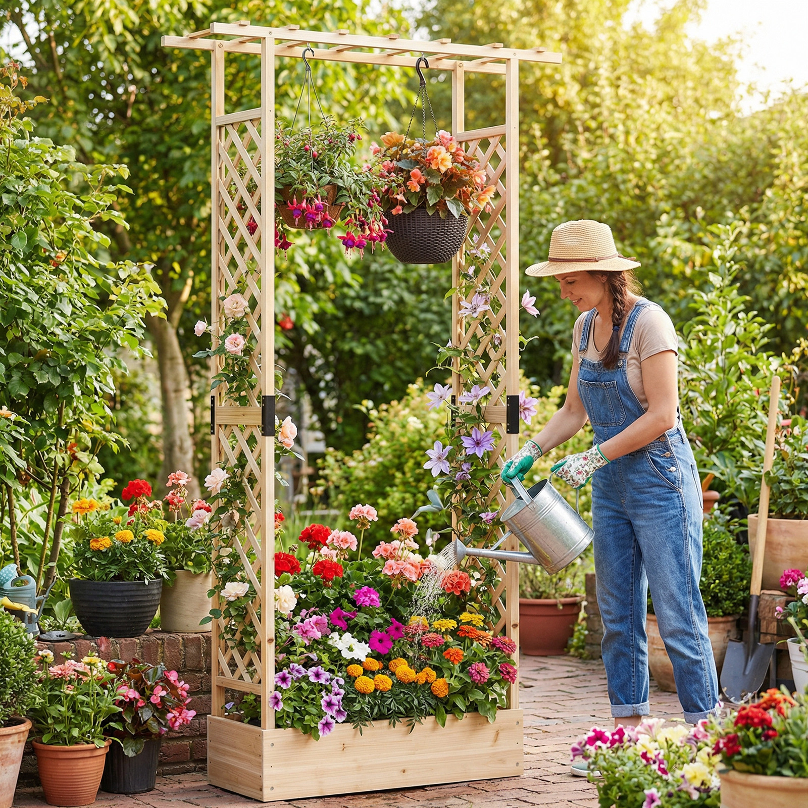 LJG Inch Tall Wooden Raised Garden Bed with Side Trellis and Hanging Roof Drainage Holes