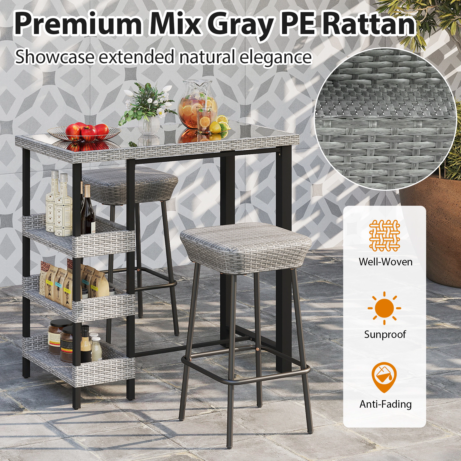 SUGIFT 43.5-in Mix Gray Rattan Bar-Height Outdoor Patio Table with Tempered Glass Top and 3 Shelves