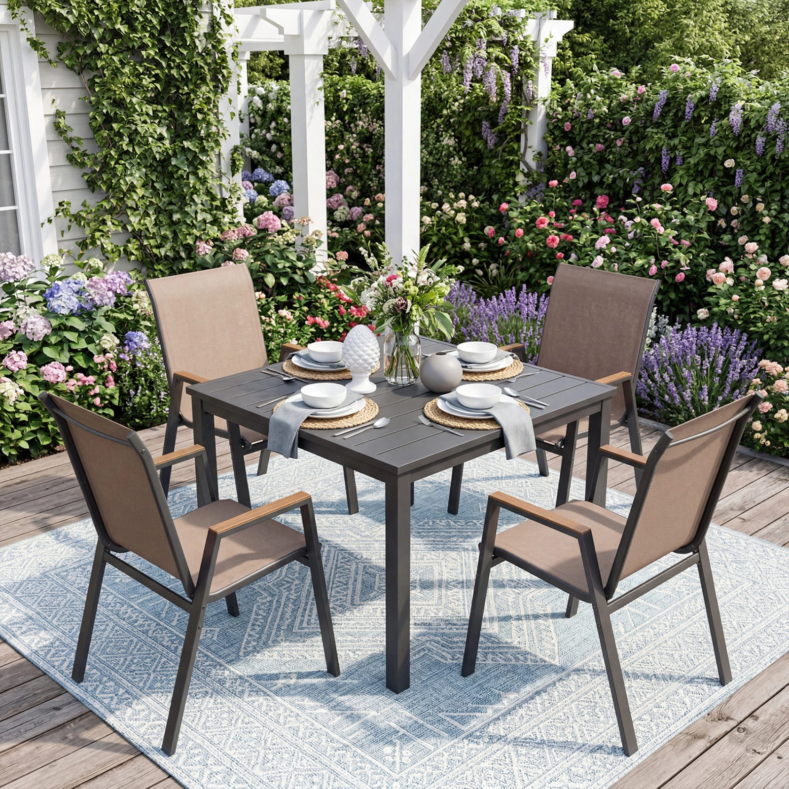 SUGIFT Set of 4 Stackable Patio Sling Chairs with High Backs 400-lb Capacity 22 x 26 x 35 in Brown/Black