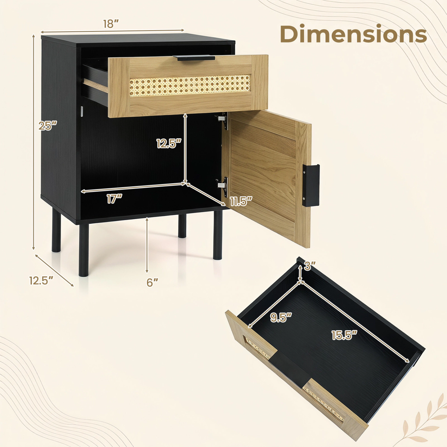 LJG Rattan Nightstand with Drawer and Storage Cabinet for Bedroom Dorm