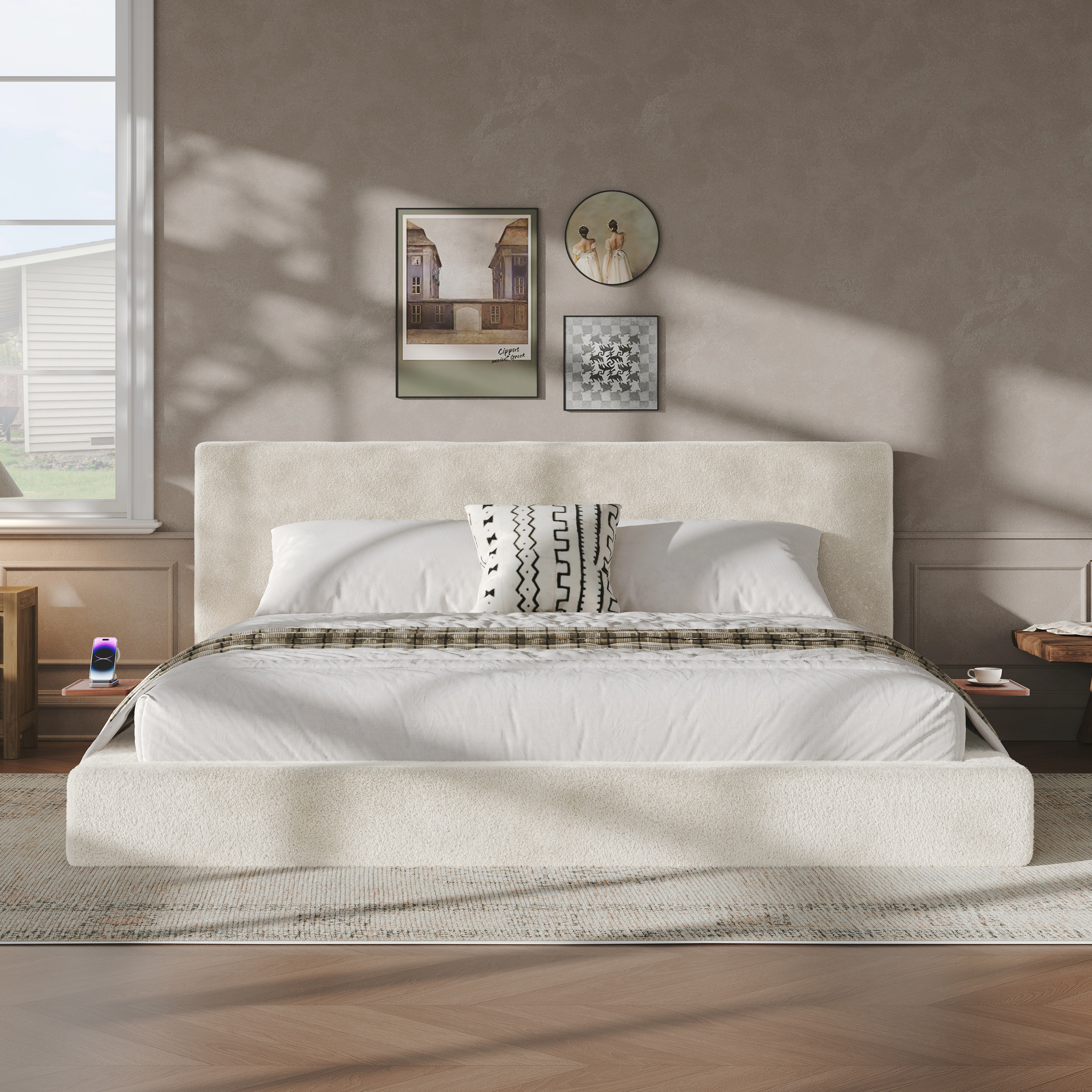 Flynama King AirFrame Bed with Sliding Side Table, 8.7" Cloud Cushion, Off-White