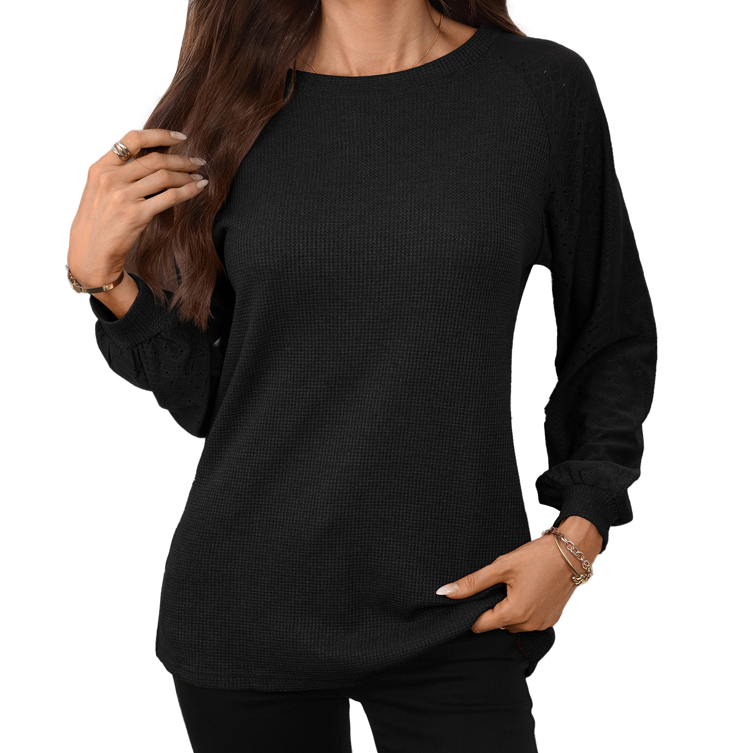 Enchanted Funland Womens Crew Neck Waffle Knit Eyelet Raglan Long Sleeve Tops