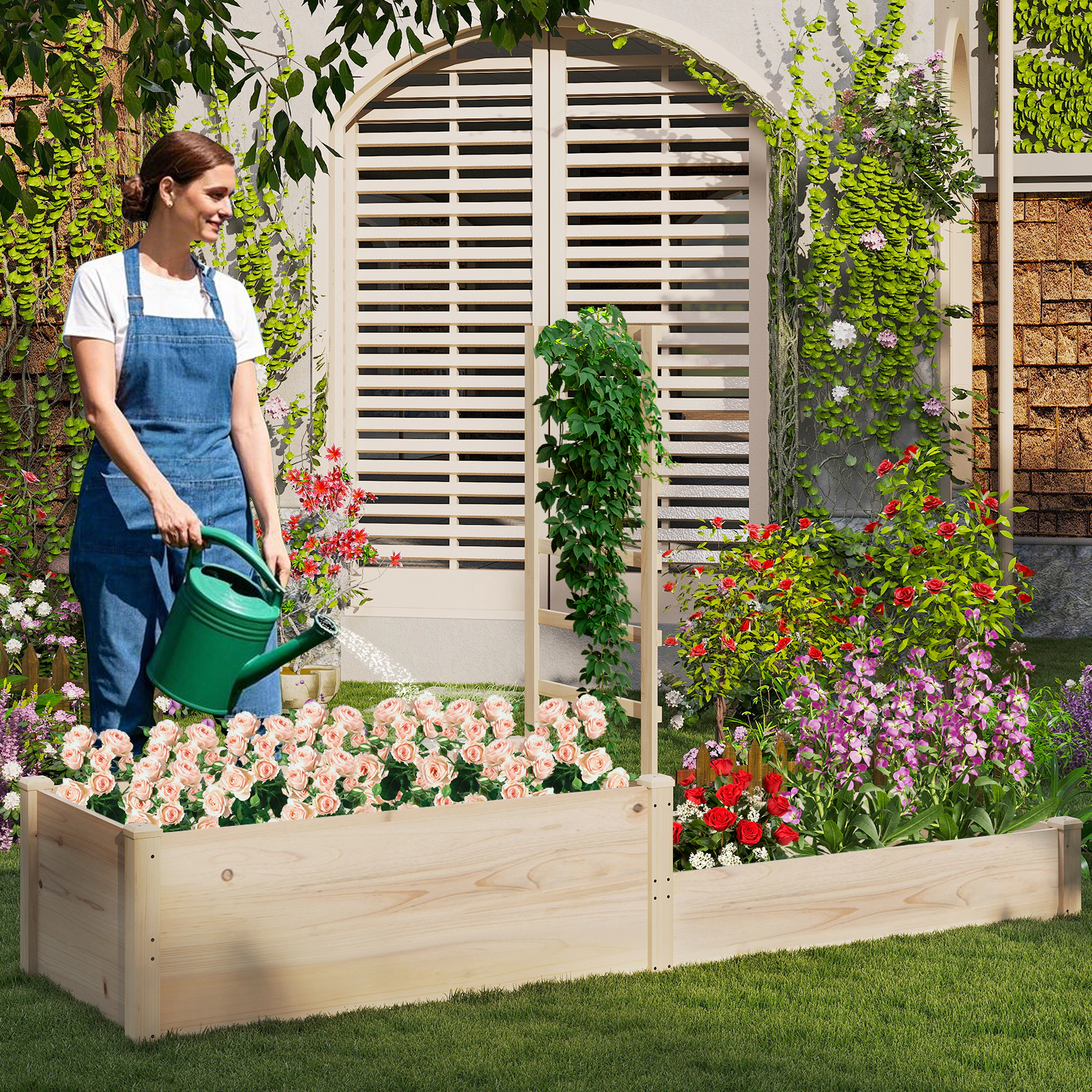 SlickBlue 2 Tier Fir Wood Garden Planter Box for Climbing Plants Flowers