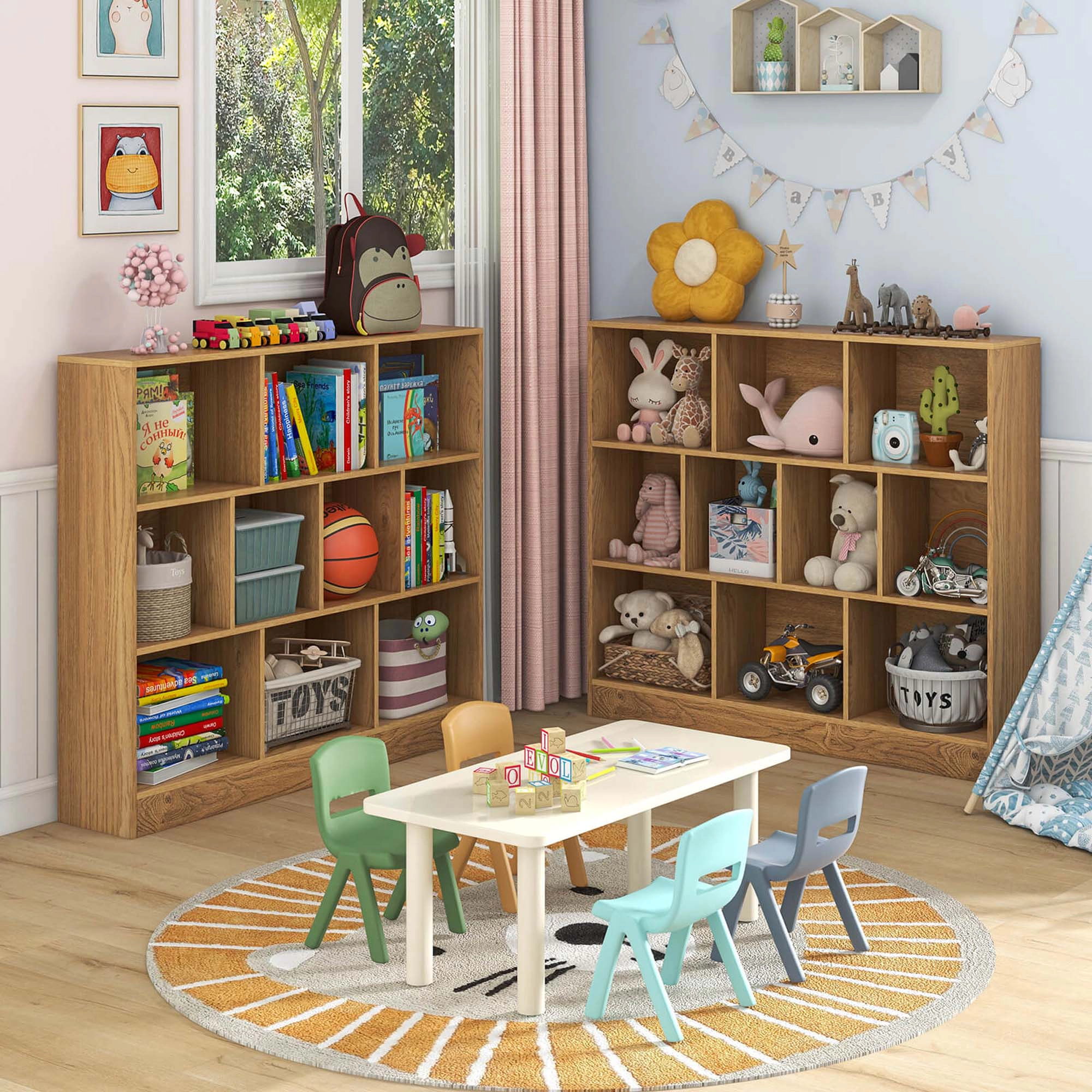 Costway 10-Cube Bookcase for Kids 41"Wooden Toy Storage Organizer Kid’s Room Natural