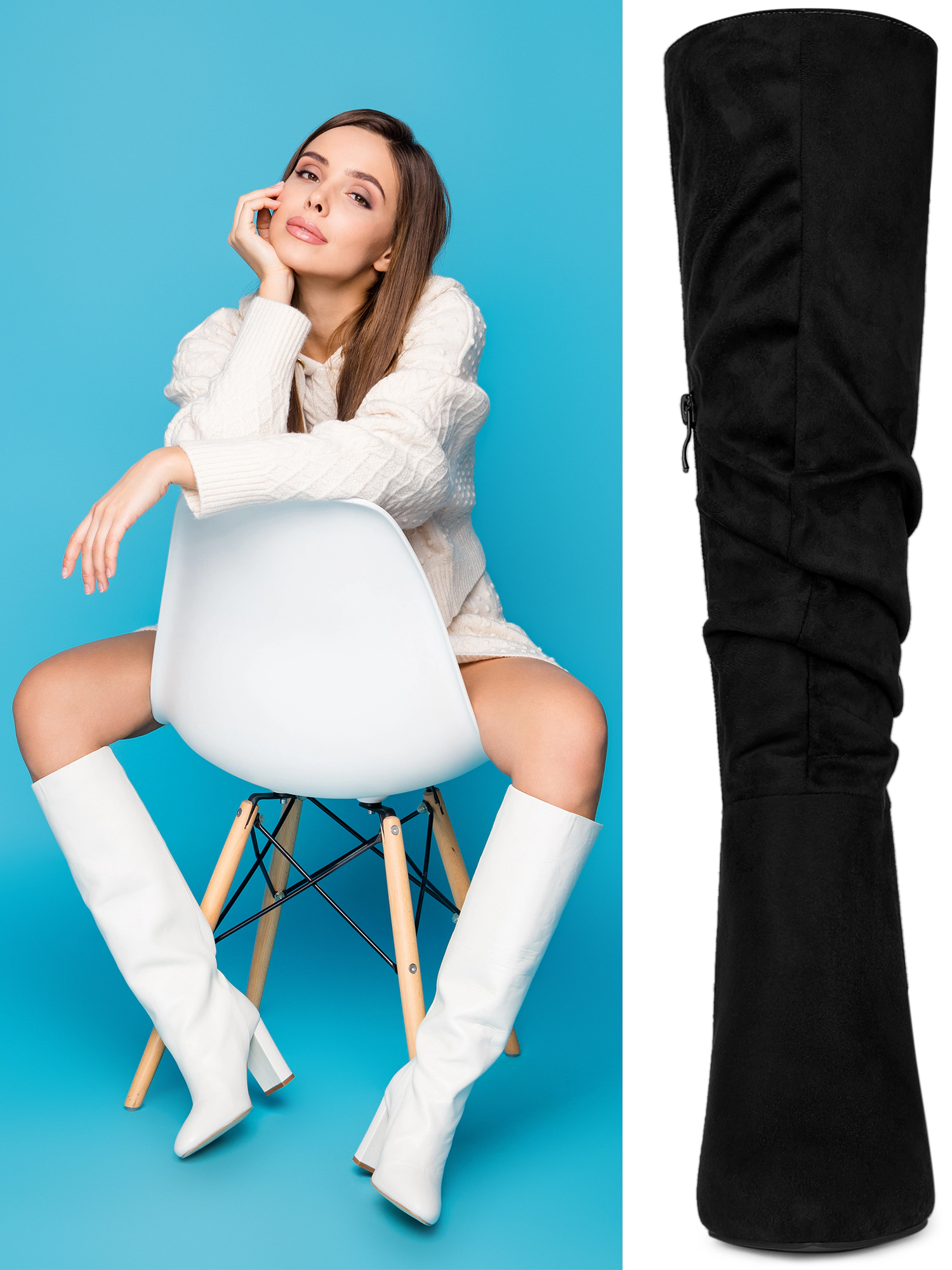 BLISSFUL STEP Women's Slouch Pointed Toe Chunky Heel Knee High Pull On Boots