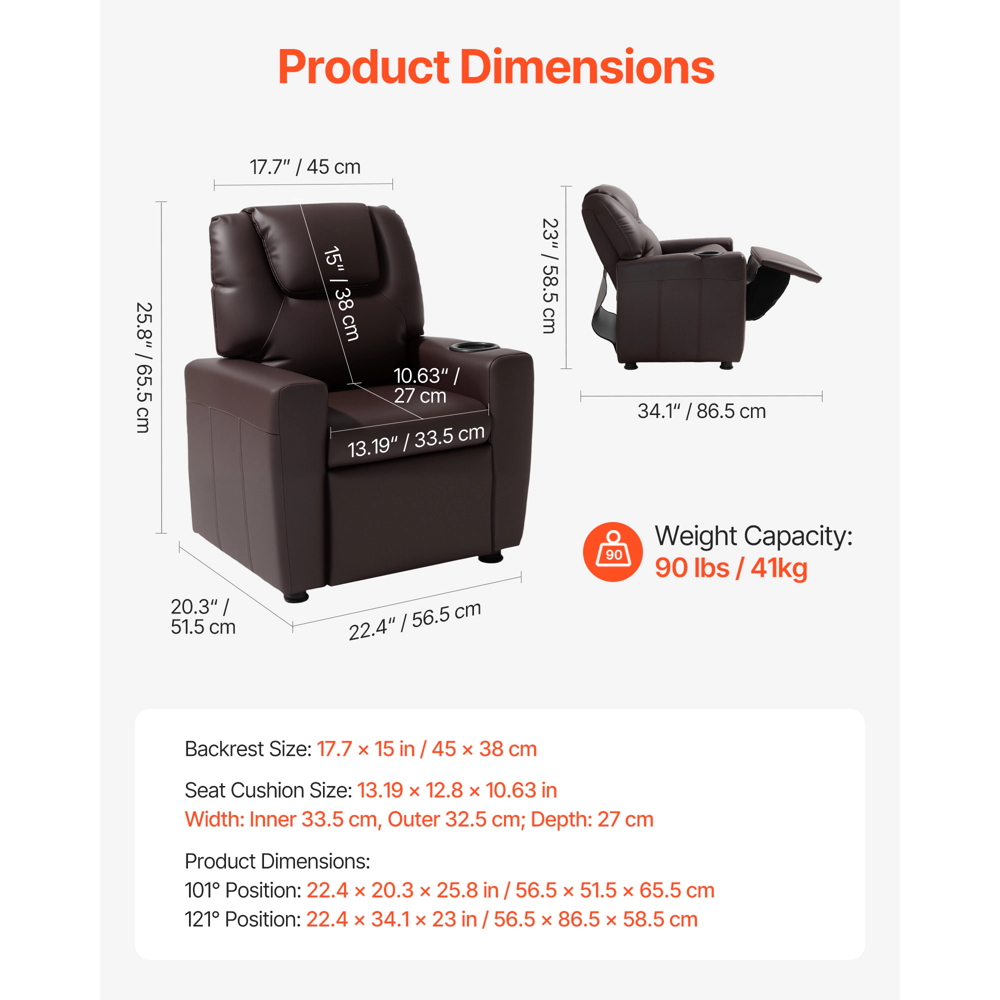 HONGGE Kids Reclining Chair Toddler Recliner with Cup Holder 101° to 121° Adjustable Backrest Easy-to-Clean PU Leather