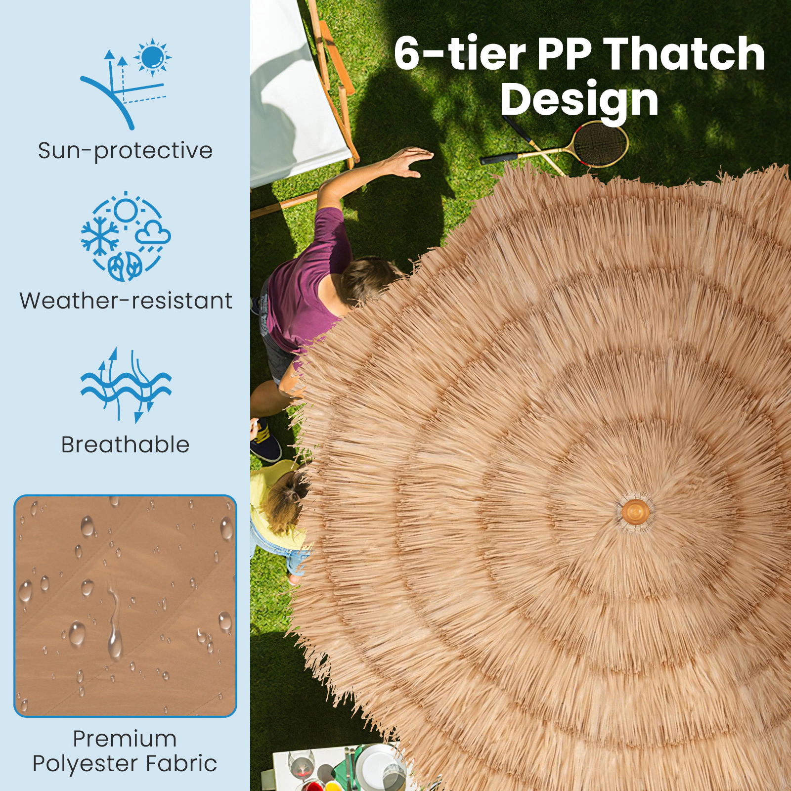SUGIFT Thatched Tiki Umbrella with Foldable Stand and Push Button Tilt 6.5-ft Canopy Natural