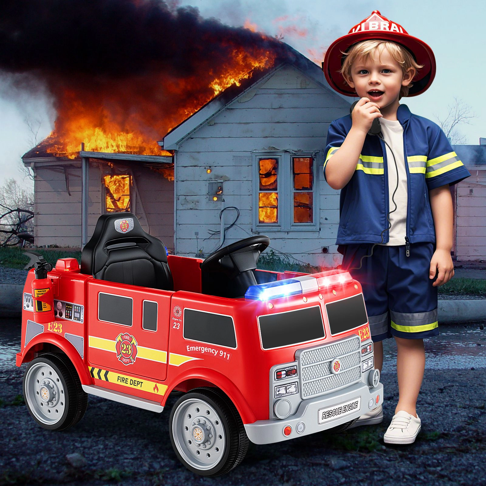 SlickBlue Electric Fire Truck Toy Car with Music, Storage Compartment, and Safety Belt