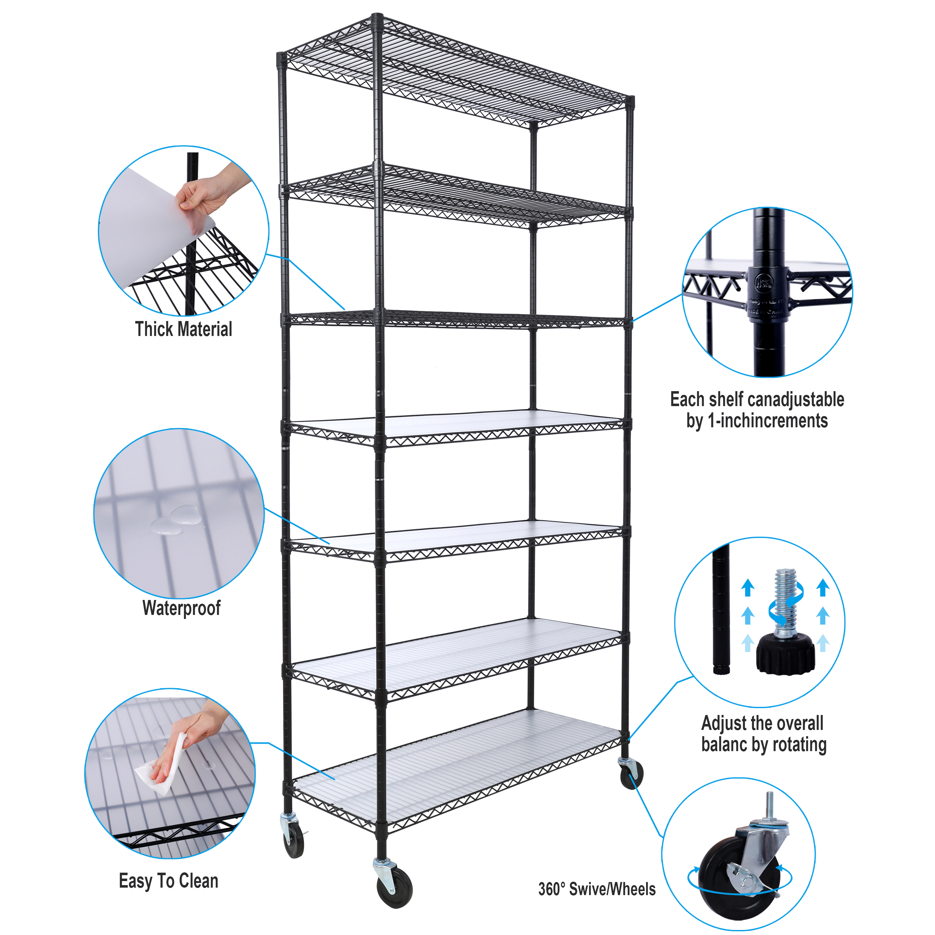 Flynama 7 Tier Black NSF Wire Rack 2450 LBS 81.5H x 48L x 18D in with Rolling Wheels and Liners for Closet and Kitchen