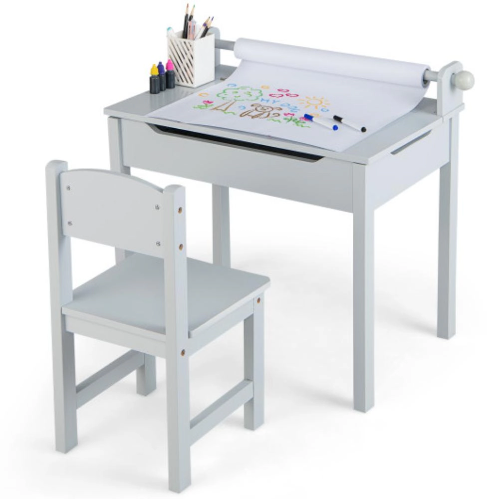 Hivvago Wooden Kids Table And Chair Set With Storage Paper Roll Holder