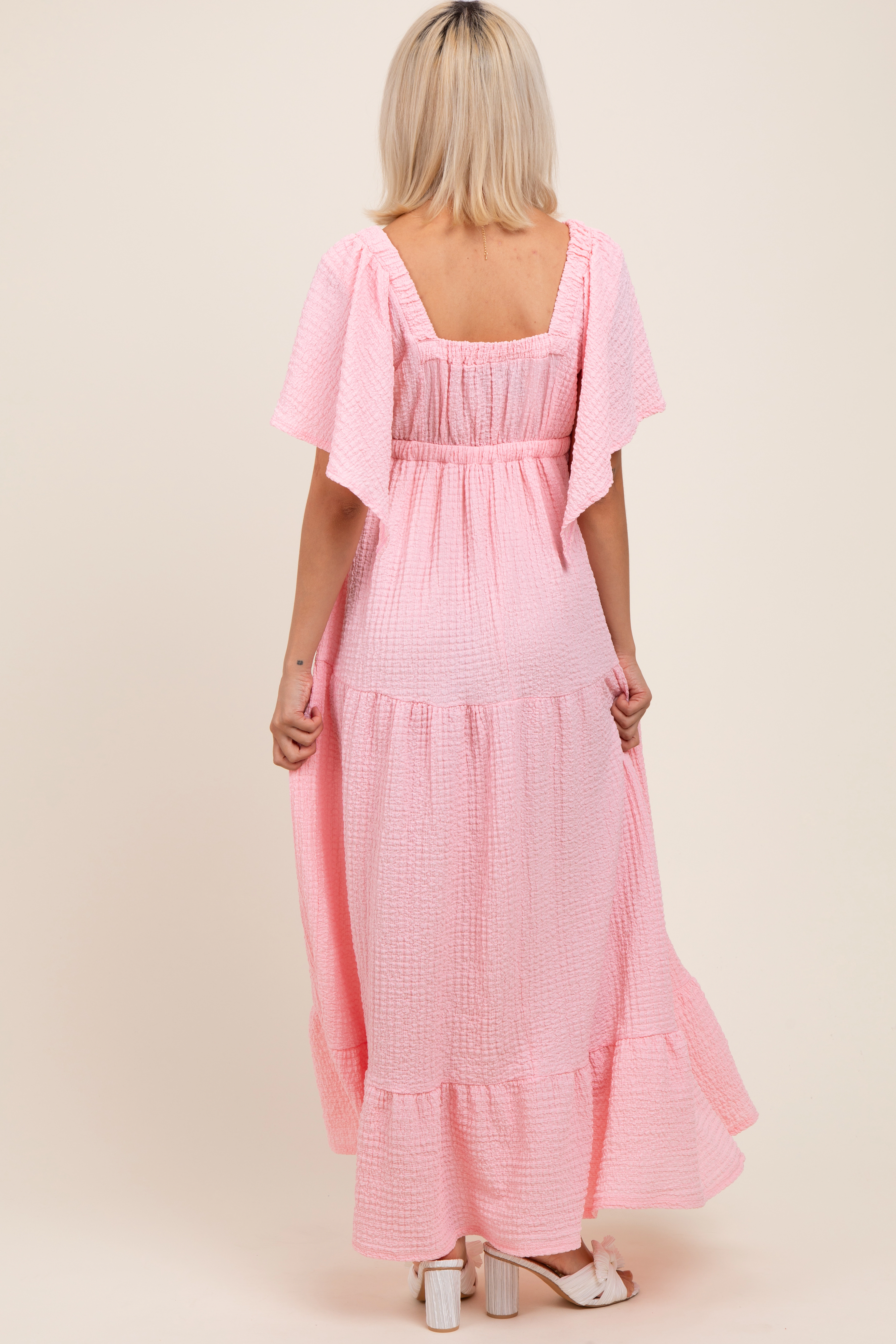 PinkBlush Womens Light Pink Woven Textured Flutter Sleeve V-Neck Tiered Maternity Maxi Dress