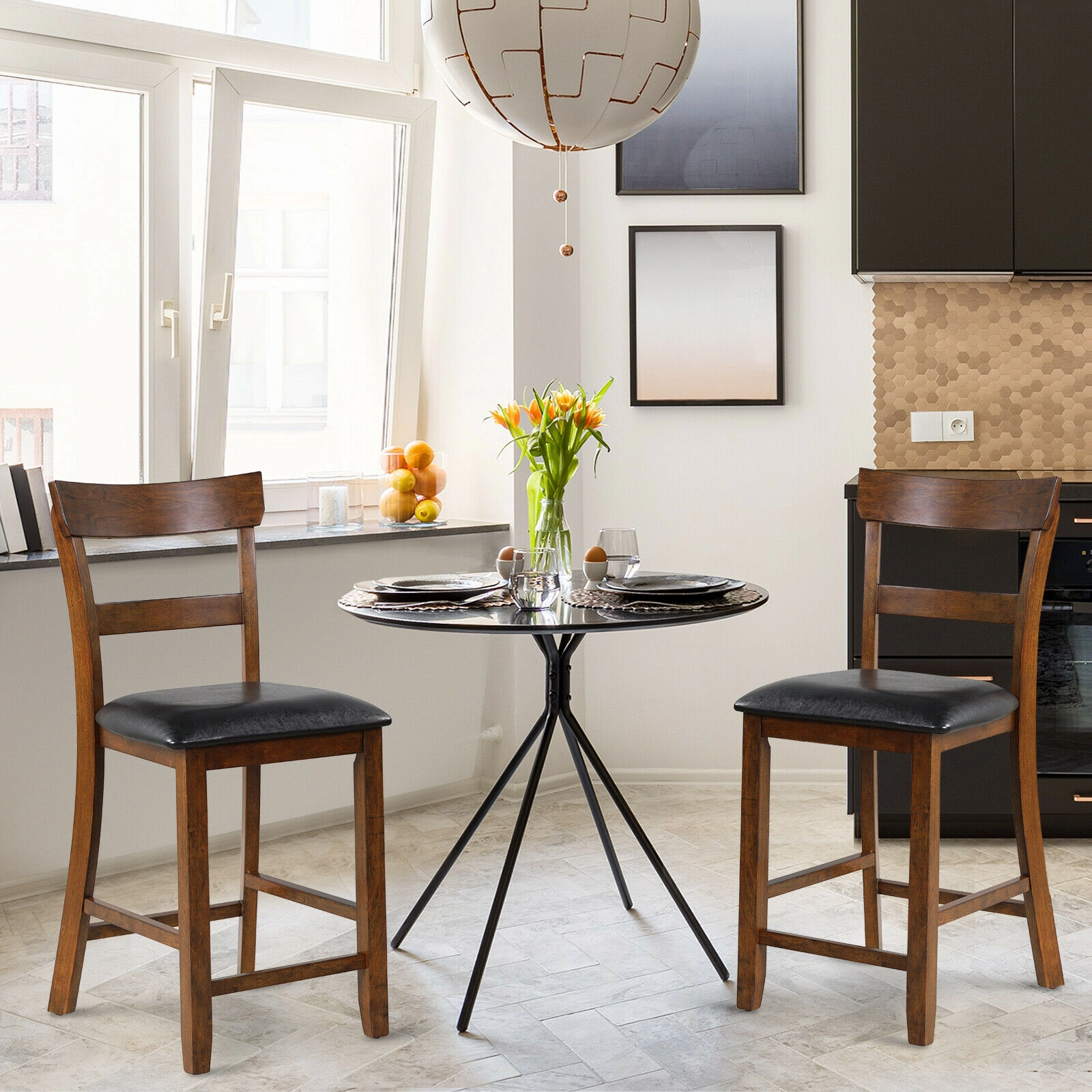 SUGIFT Brown PVC Leather Seat and Rubber Wood Legs 2 Piece Counter Height Bar Stool Set