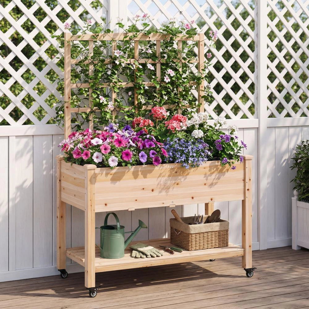 Hivvago Wooden Mobile Raised Garden Bed on Wheels with Trellis