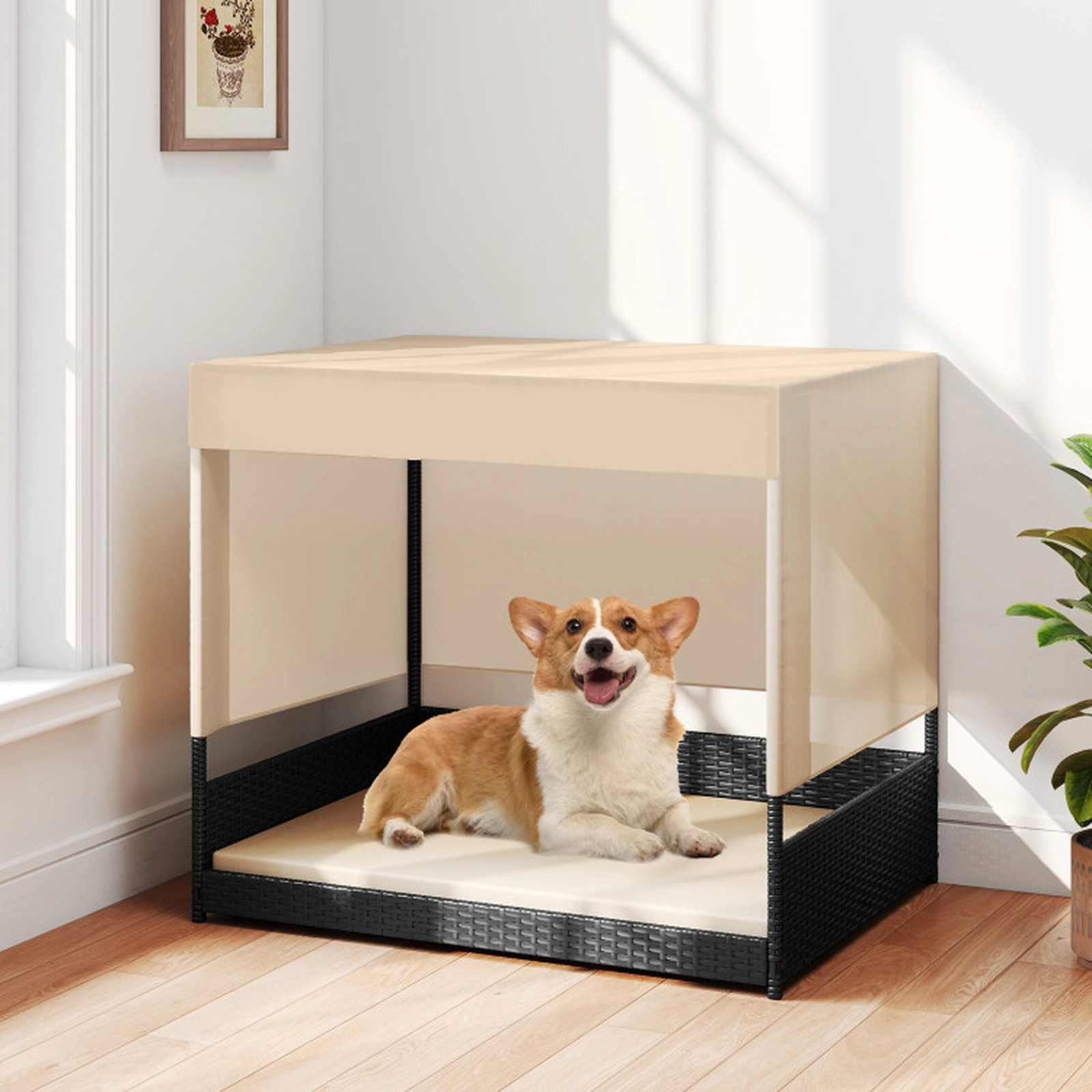 SUGIFT Black Elevated Wicker Dog House with Canopy Roof and Removable Cushion 35.5-in W 27.5-in D 32-in H