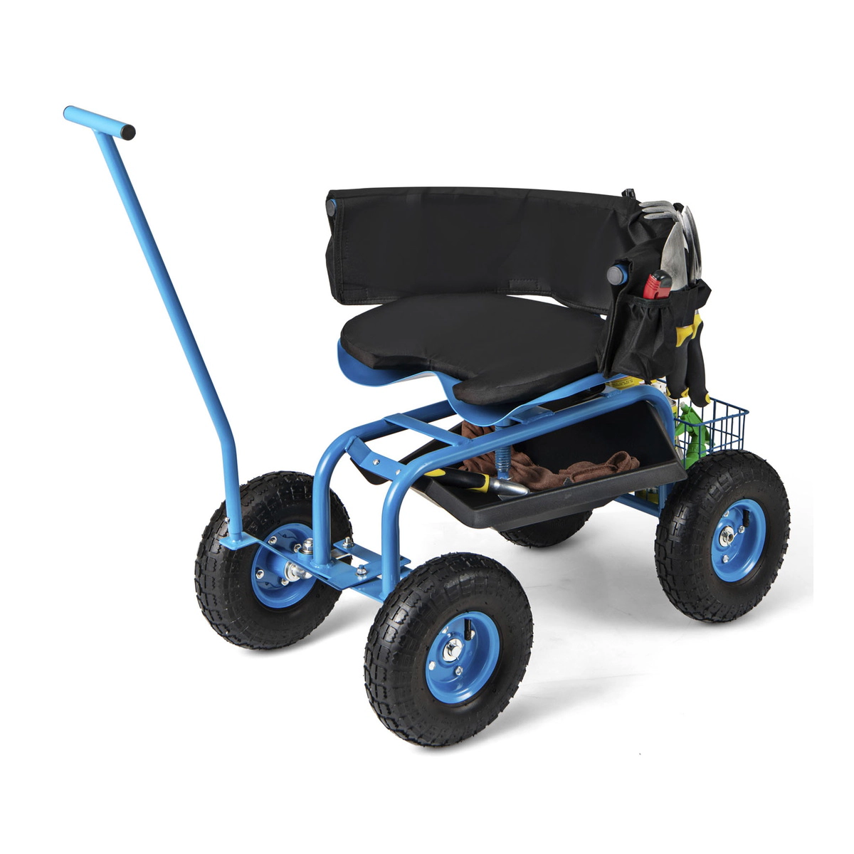 SUGIFT Rolling Garden Cart with Height Adjustable Swivel Seat and Storage Basket 330-lb Capacity Blue