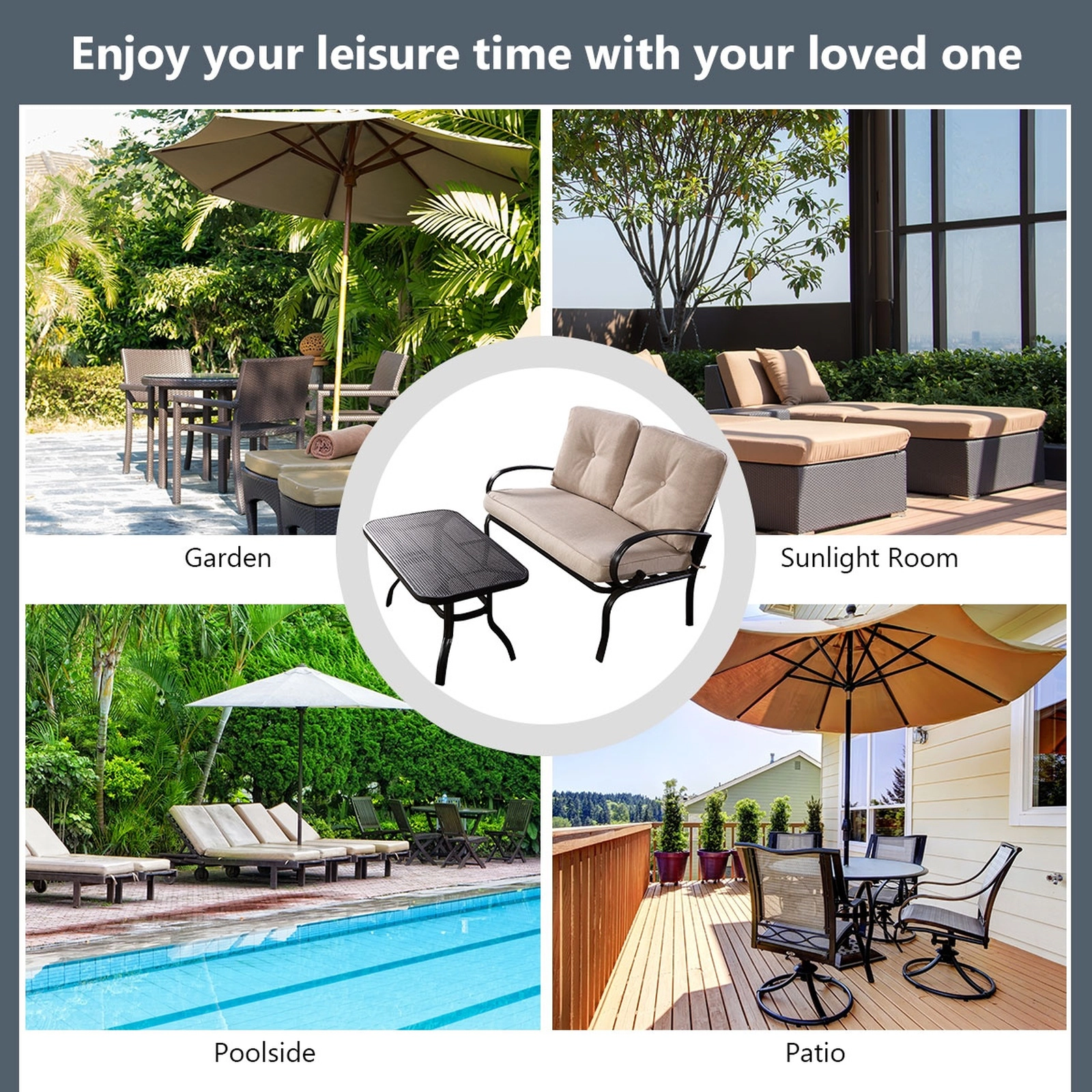 SUGIFT Patio Conversation Loveseat and Coffee Table Set 550-lb Capacity Beige