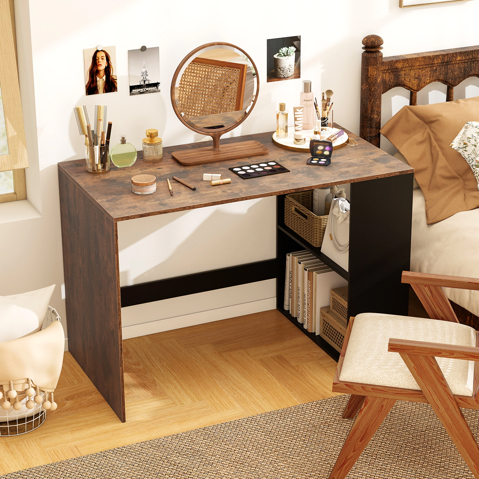 SUGIFT 44-In Computer Desk with 2-Tier Bookshelf 155-lb Tabletop Capacity Rustic Brown and Black