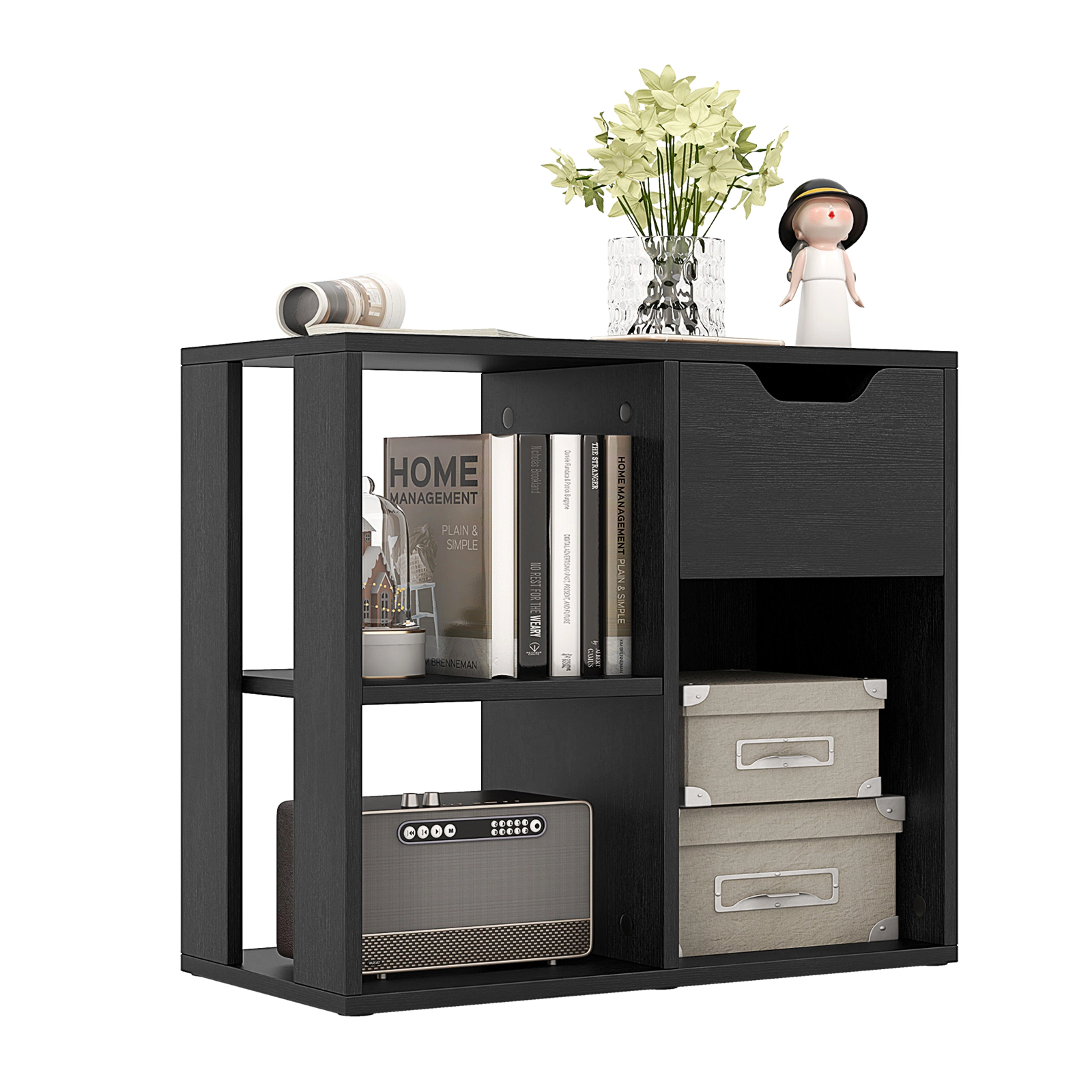 SUGIFT 3-Cube 2-Tier Engineered Wood MDF Bookcase with Pull-Out Drawer 110-lb Top Capacity Black