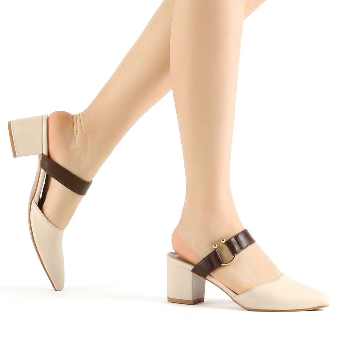 BLISSFUL STEP Women's Pointed Toe Chunky Heel Buckle Strap Dress Mules Pumps