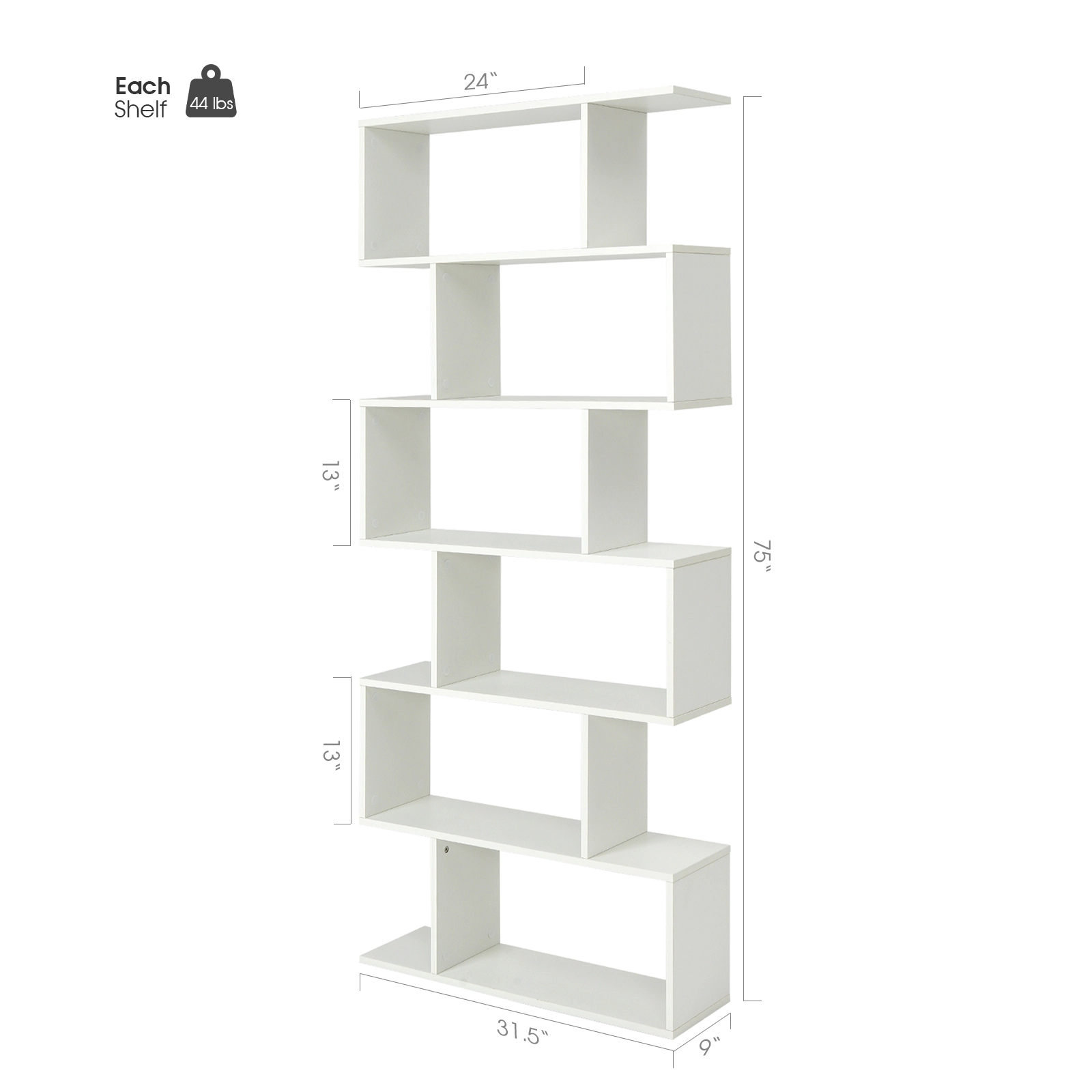 SUGIFT 6-Tier White S-Shaped Bookshelf Z-Shelf with 6 Open Cubes Freestanding Display for Study and Bedroom