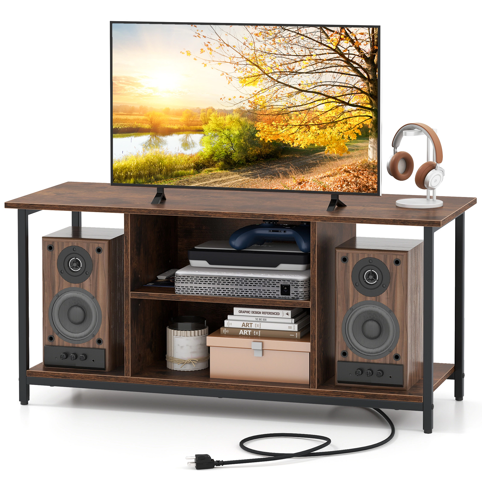 SUGIFT TV Stand Entertainment Center with Power Outlets 100-lb Top Capacity for TVs up to 50 Inches Rustic Brown & Black