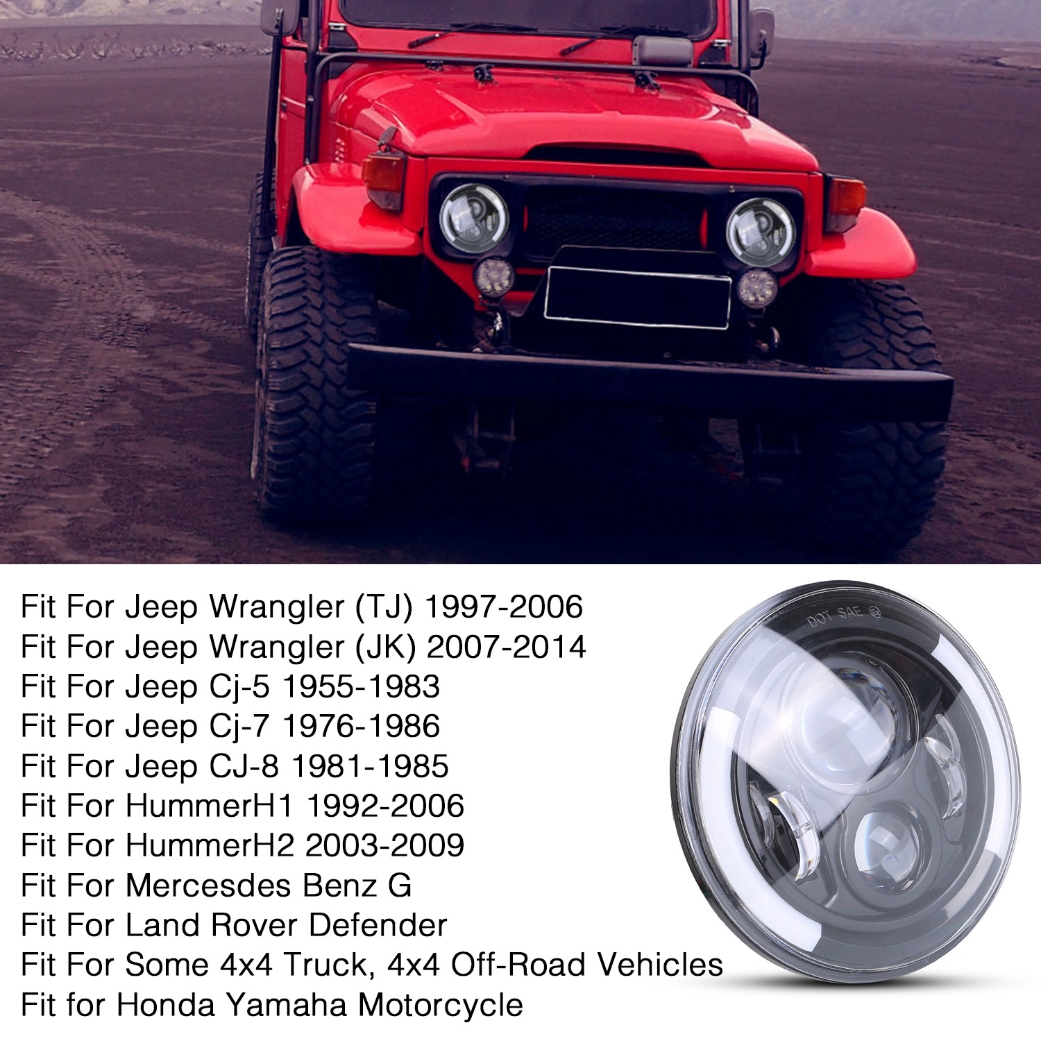 GBruno 7 In 40W Round LED Headlight With Halo DRL