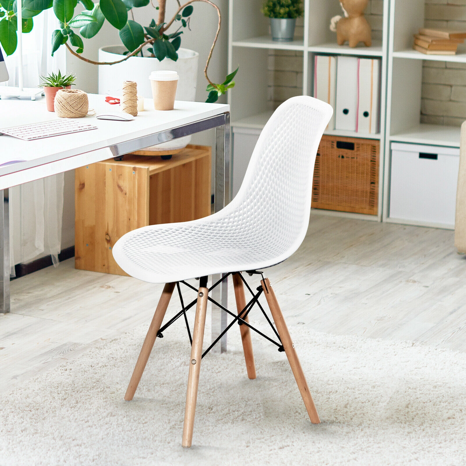 SUGIFT Set of 4 White Modern Plastic Dining Chairs with Mesh Backs and Beech Wood Legs
