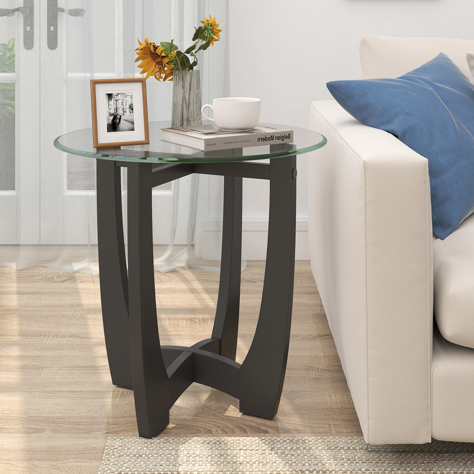 SlickBlue Round Glass Accent Table, X-Shaped Wooden Frame, Tempered Glass Top for Living Room Bedroom