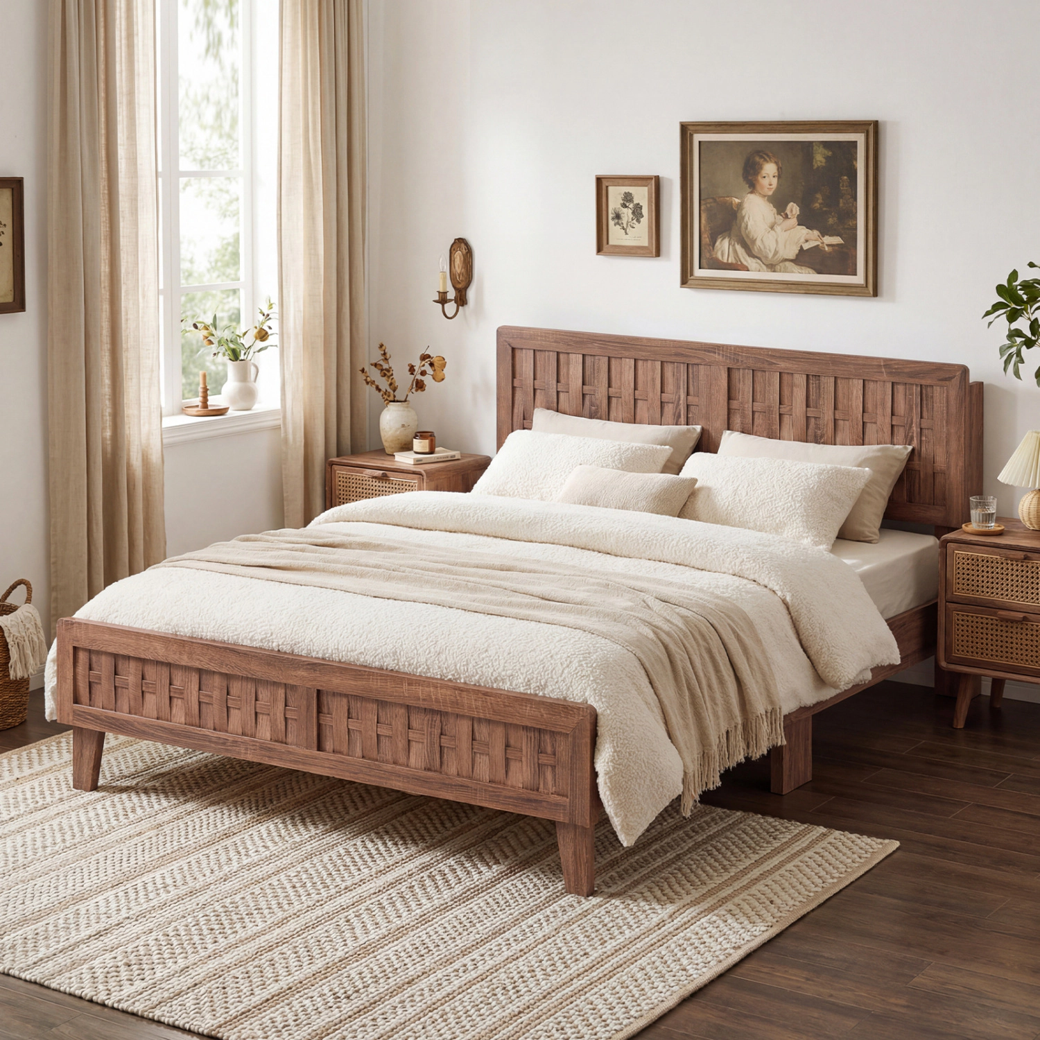 LJG Mid Century Queen Size Bed Frame with Woven Accent Headboard