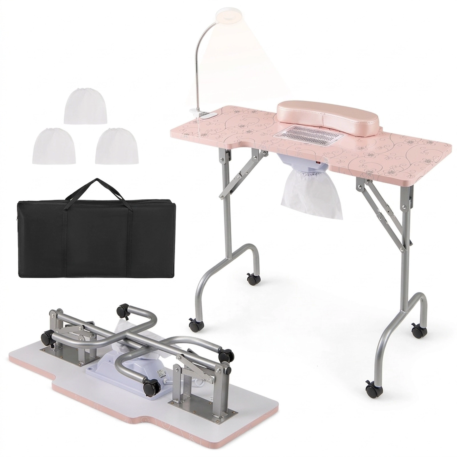 SUGIFT 66-lb Capacity Folding Manicure Table with Electric Dust Collector Bendable LED Lamp and Wrist Pad