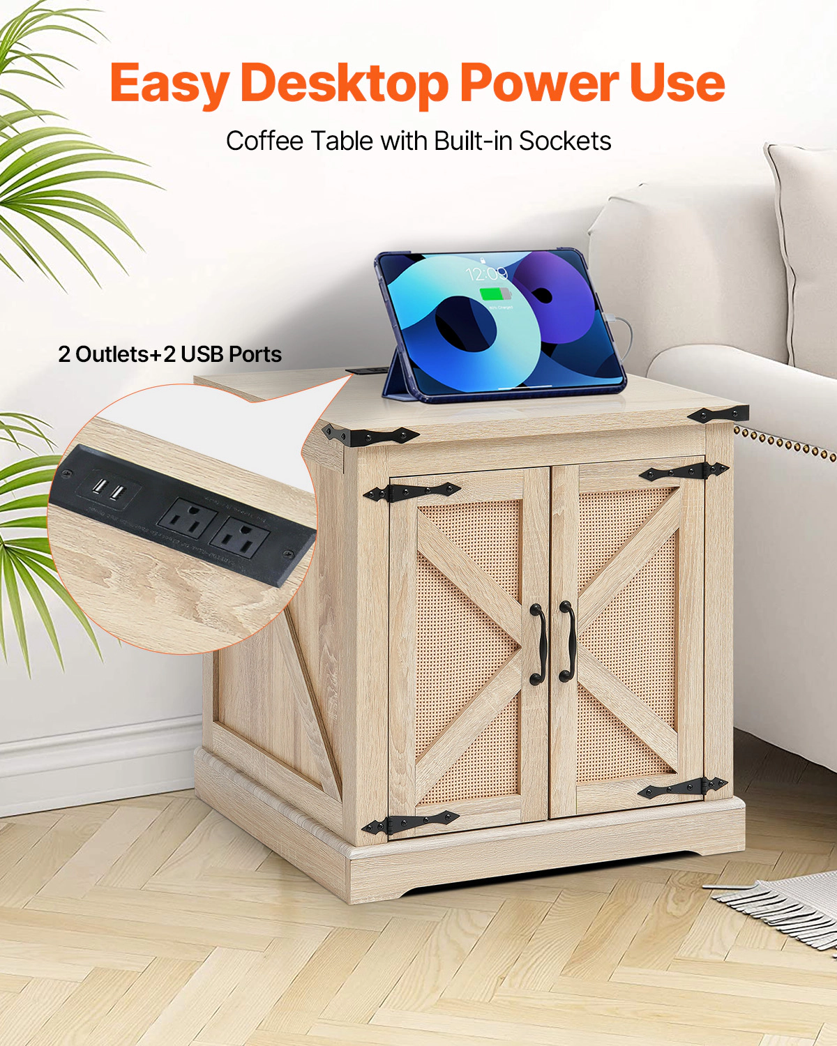 HONGGE Rattan Coffee Table Rectangle PE Rattan Woven Wood Coffee Table with Modern Boho Style Storage Coffee Table with
