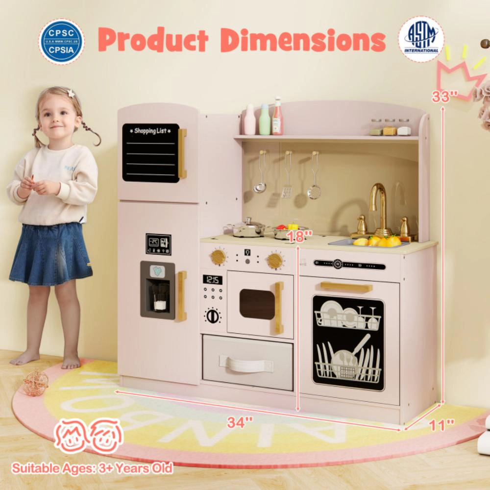 Hivvago Wooden Kids Kitchen Playset with Chalkboard Ice Maker Sink Lighted Microwave