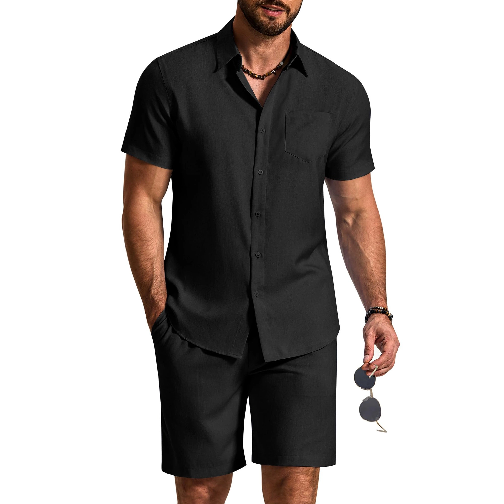COOFANDY Mens Short Sleeve Button Down Shirt  Casual Lapel Collar Shorts Set