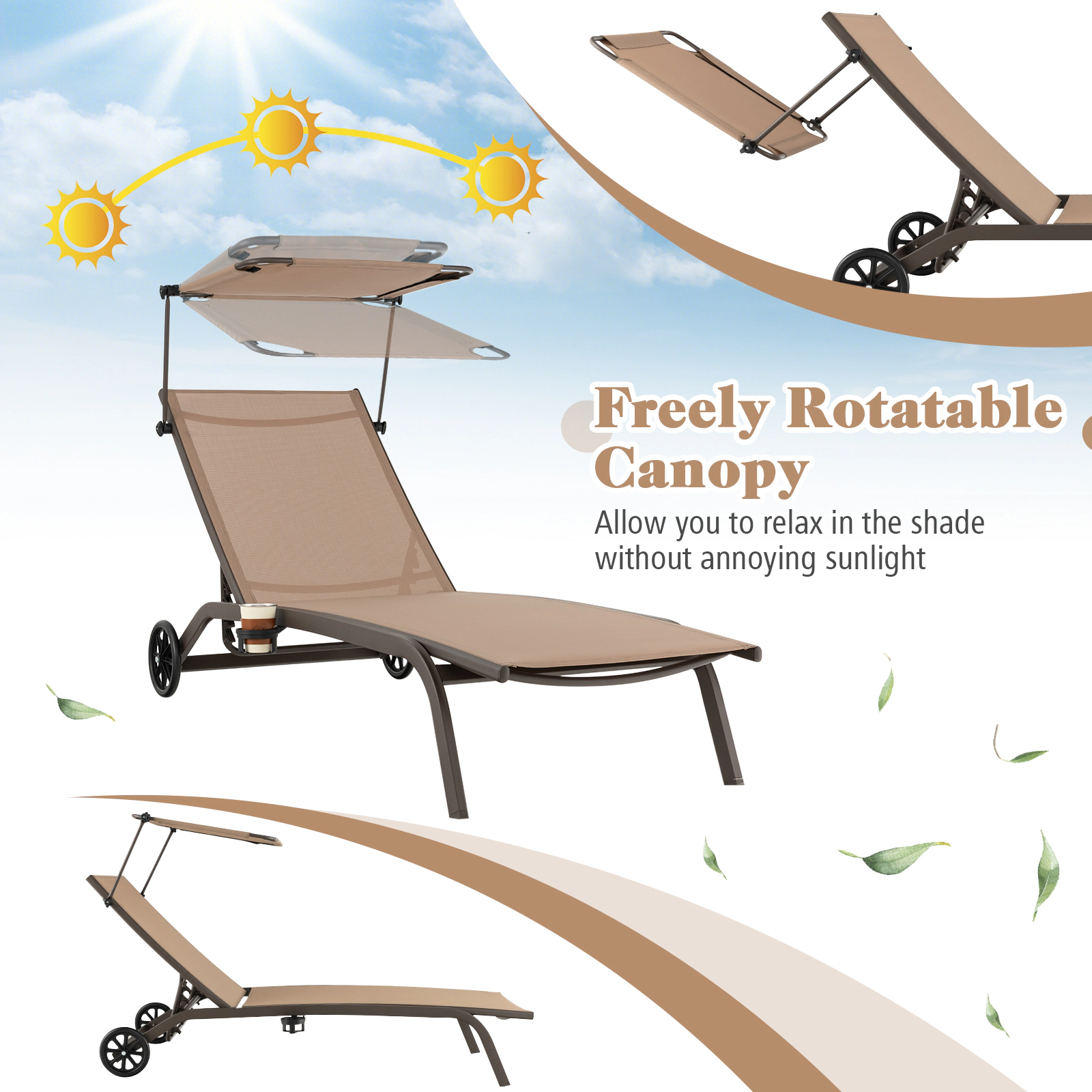 SUGIFT 6-Position Heavy-Duty Adjustable Patio Chaise Lounge Chair with Canopy Cup Holder & Wheels 330-lb Capacity Brown