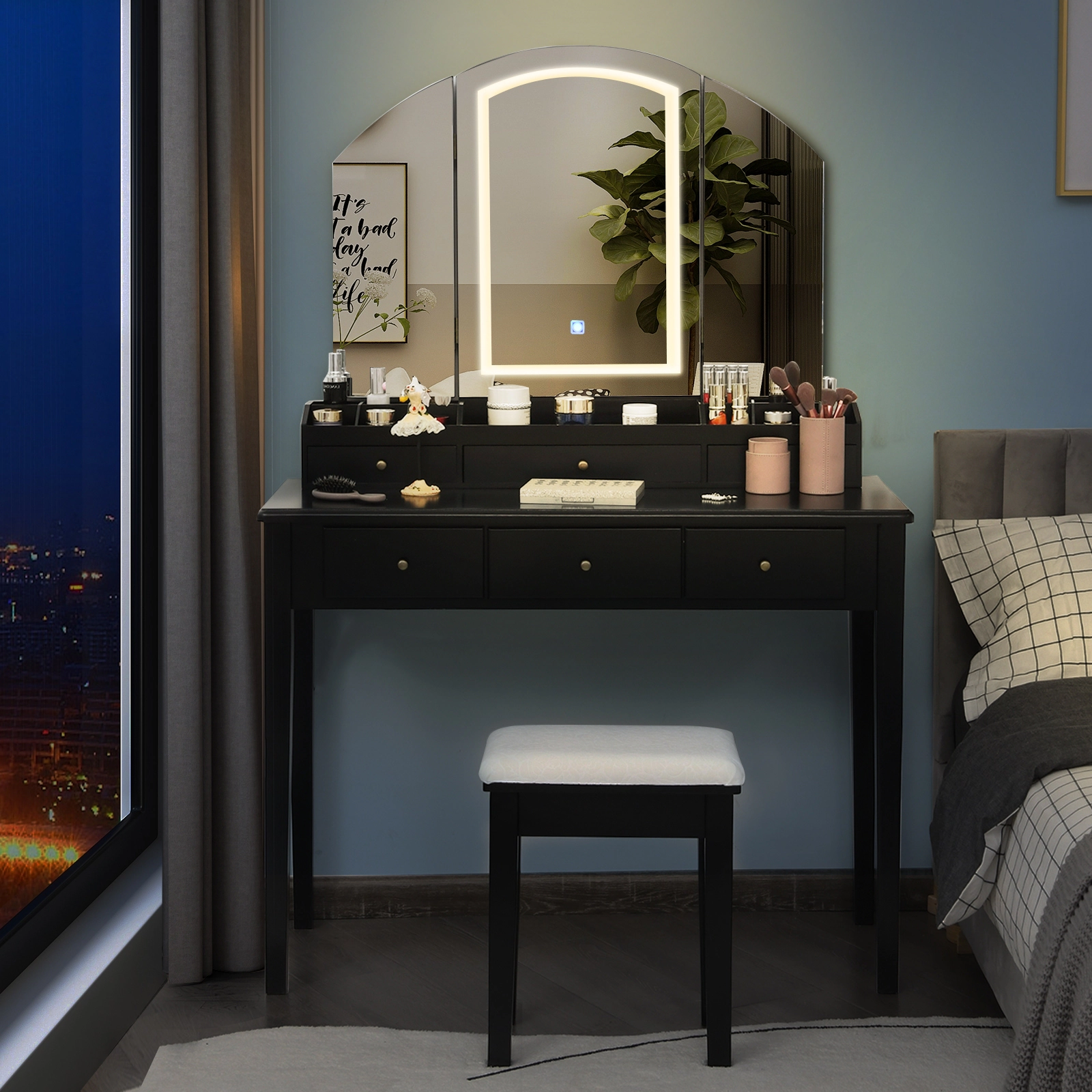 SUGIFT Tri-Folding Lighted Mirror Vanity Table and Stool Set 40-in Wide 110-lb Desktop Capacity 2-Piece Black