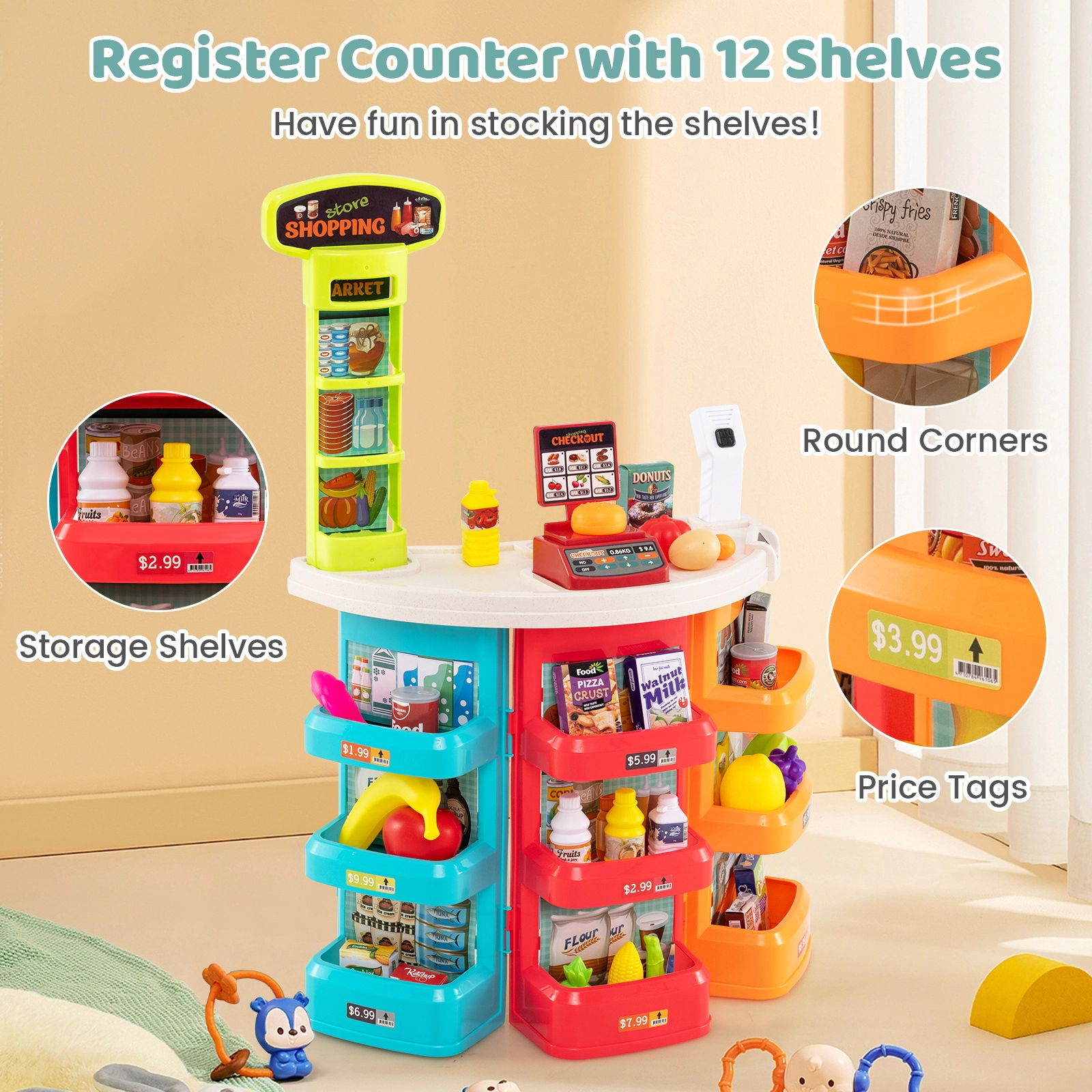 SUGIFT Blue Shopping Cart 76-Piece Kids Supermarket Playset Pretend Grocery Store