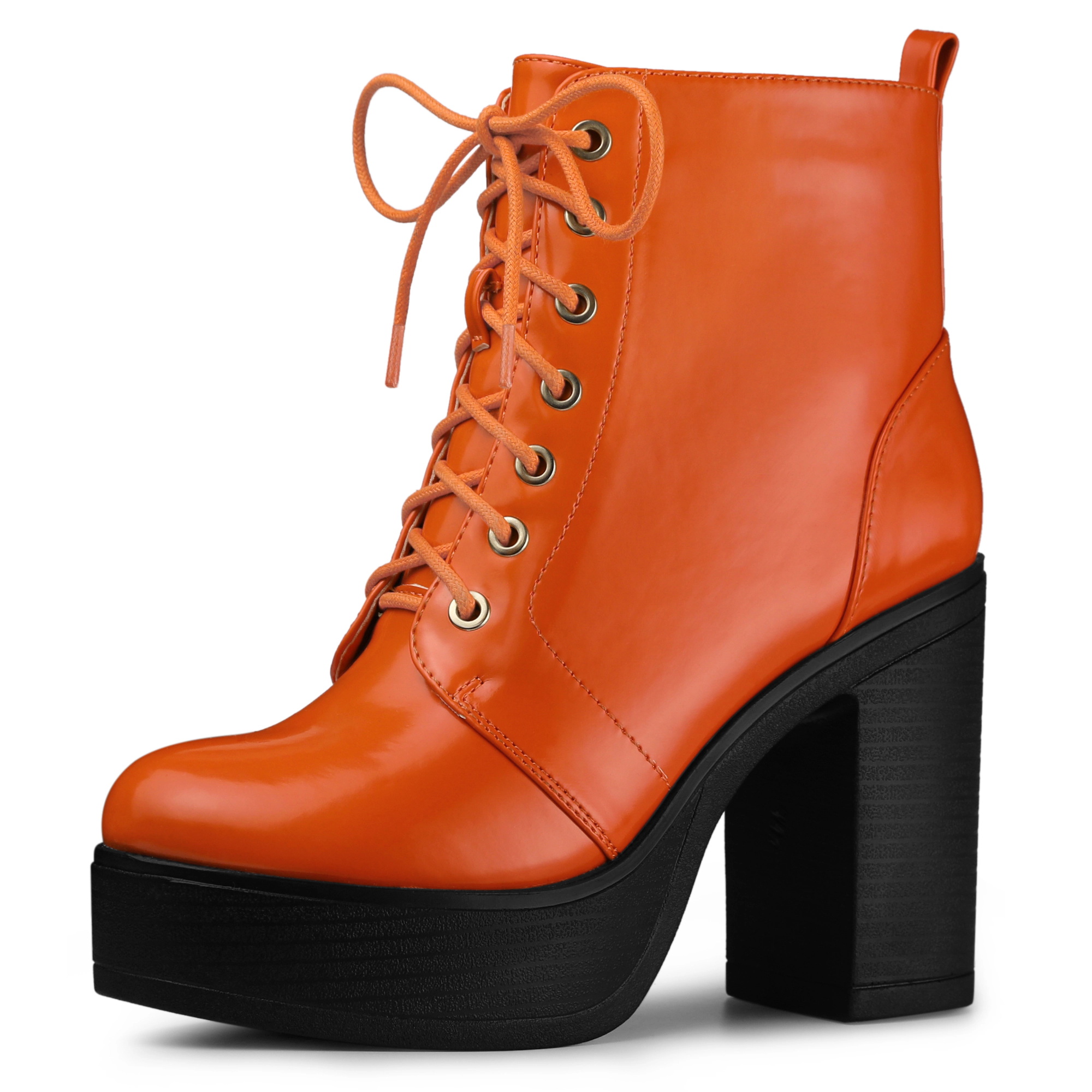 BLISSFUL STEP Women Faux Leather Lace-Up Platform Chunky Heel Combat Boots