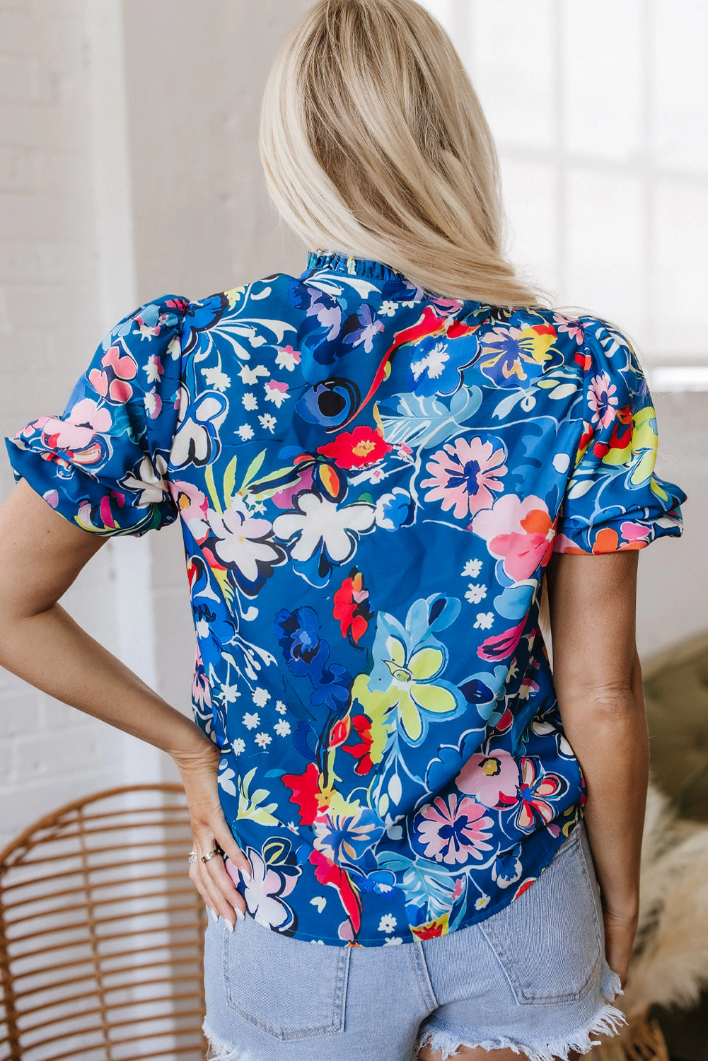 Threaded Pear Women's Ainara Flower Puff Short Sleeve Loose Blouse