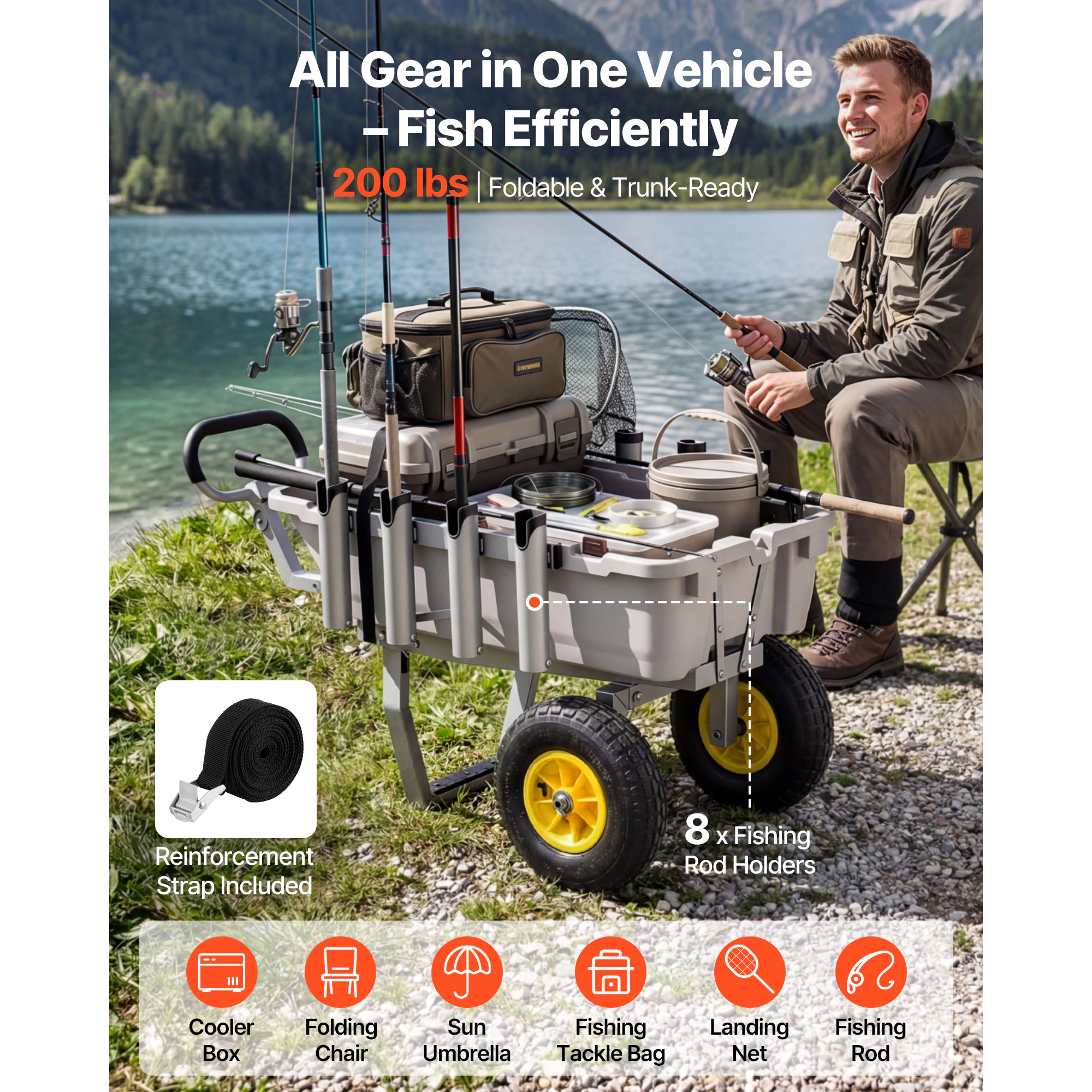 HONGGE Beach Fishing Cart with Poly Bed, 200 lb Capacity, 13-Inch All-Terrain Wheels, 8 Rod Holders for Camping Picnic