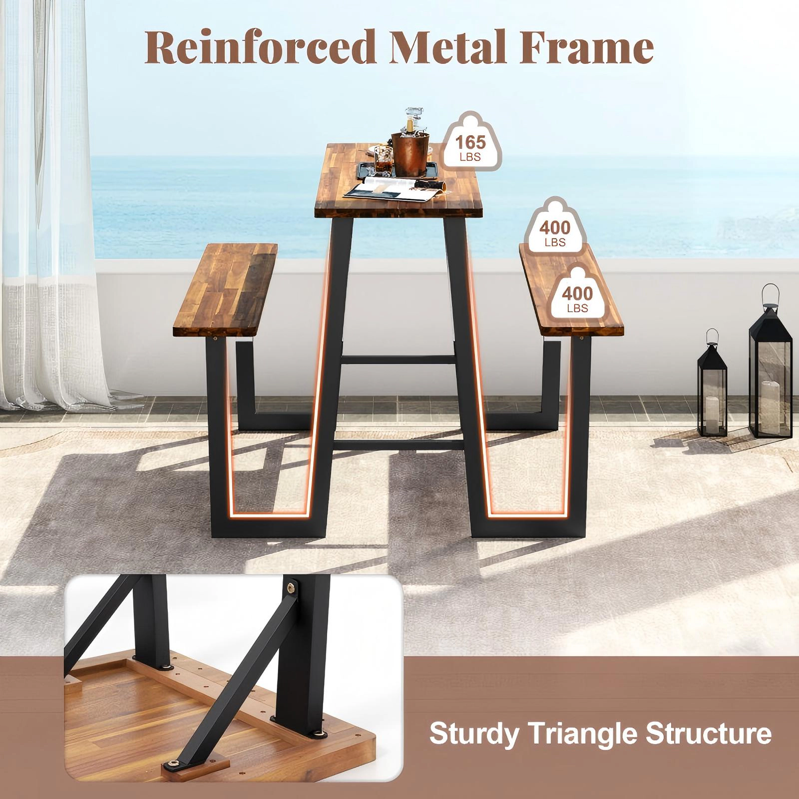 SUGIFT Bar Height Patio Picnic Table Bench Set Acacia Wood Top with Metal Frame