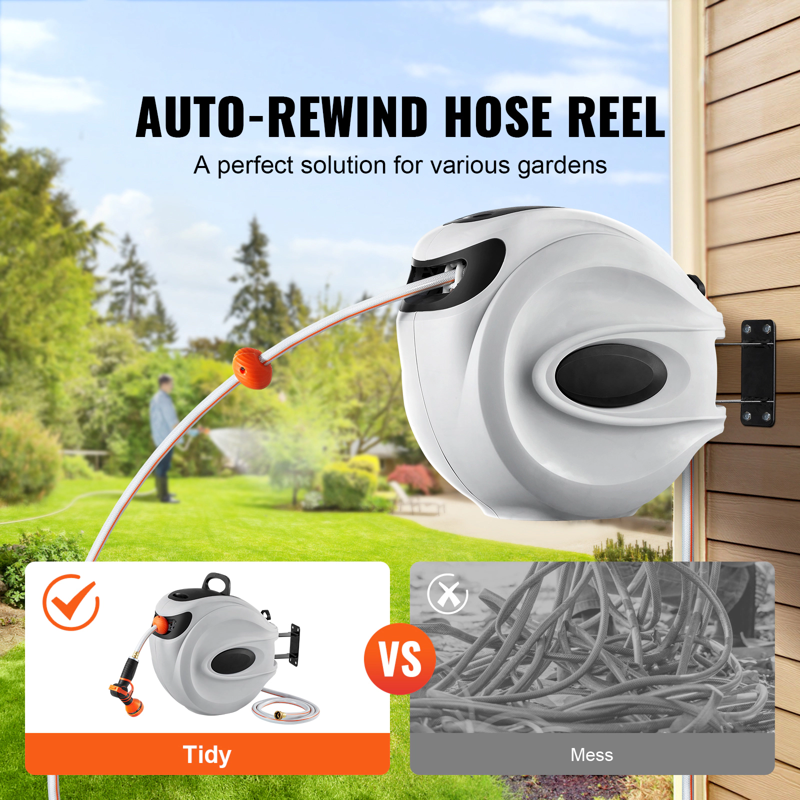 HONGGE Retractable Garden Hose Reel, 115 ft x 1/2 in, Wall Mounted with 9-Pattern Nozzle, 180° Swivel Bracket